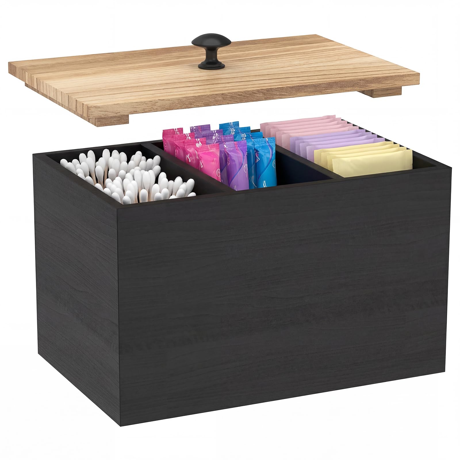 Shaojian Girls Black Wooden Bathroom Storage Box With Lid, Rustic Tampon Holder Discreet Feminine Care Organiser For Tampons, Sanitary Towels & Cotton Pads, Stylish Pleriod Box With Removable Compartments(Black)