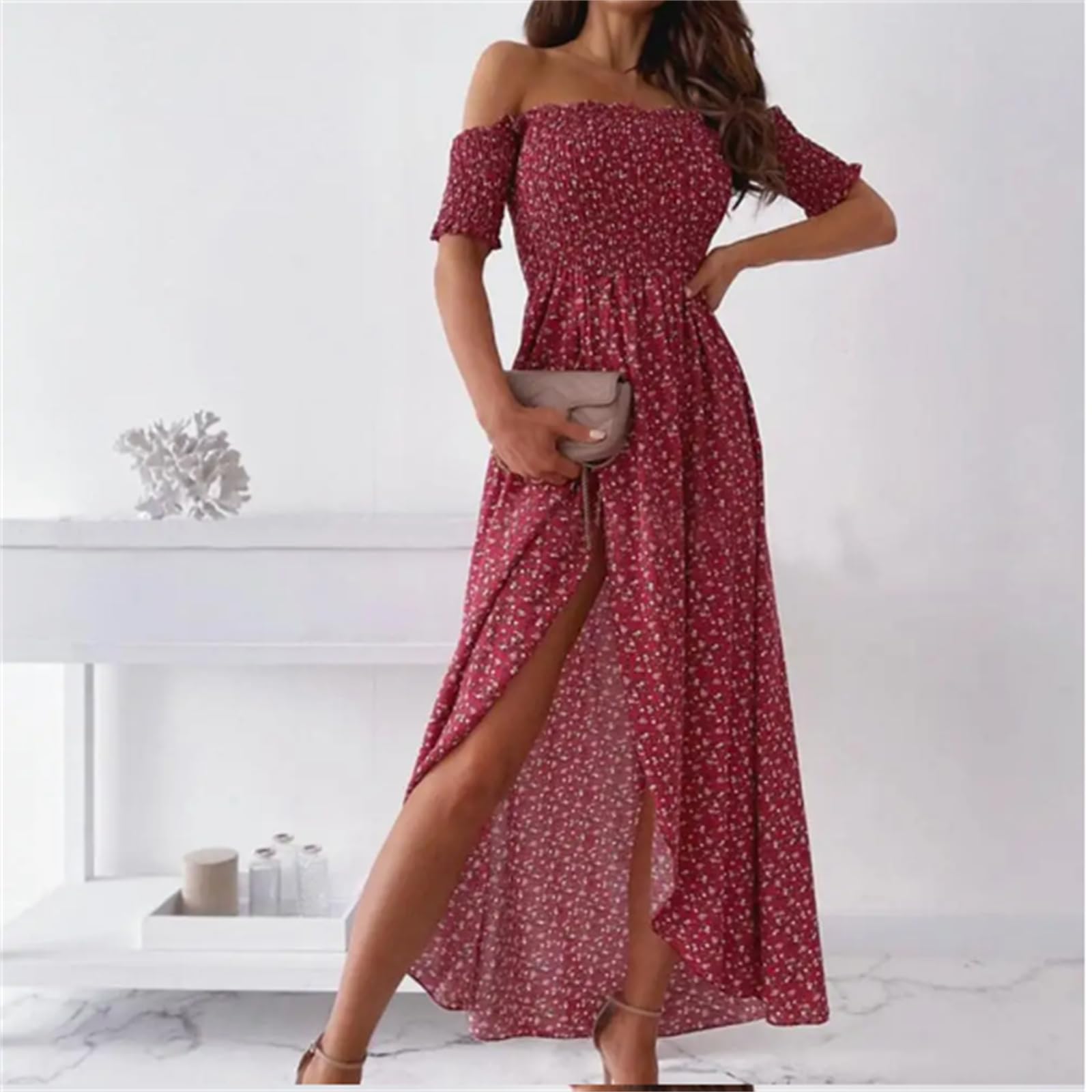 Vestidos Grandes para Mujeres Vestidos Casuales sin Tirantes de Hombro en Verano Flores de Playa Vestidos de Sol Largos con Volantes Huecos Vestidos Sexy Ahumados, HUTALIM, Azul claro, m
