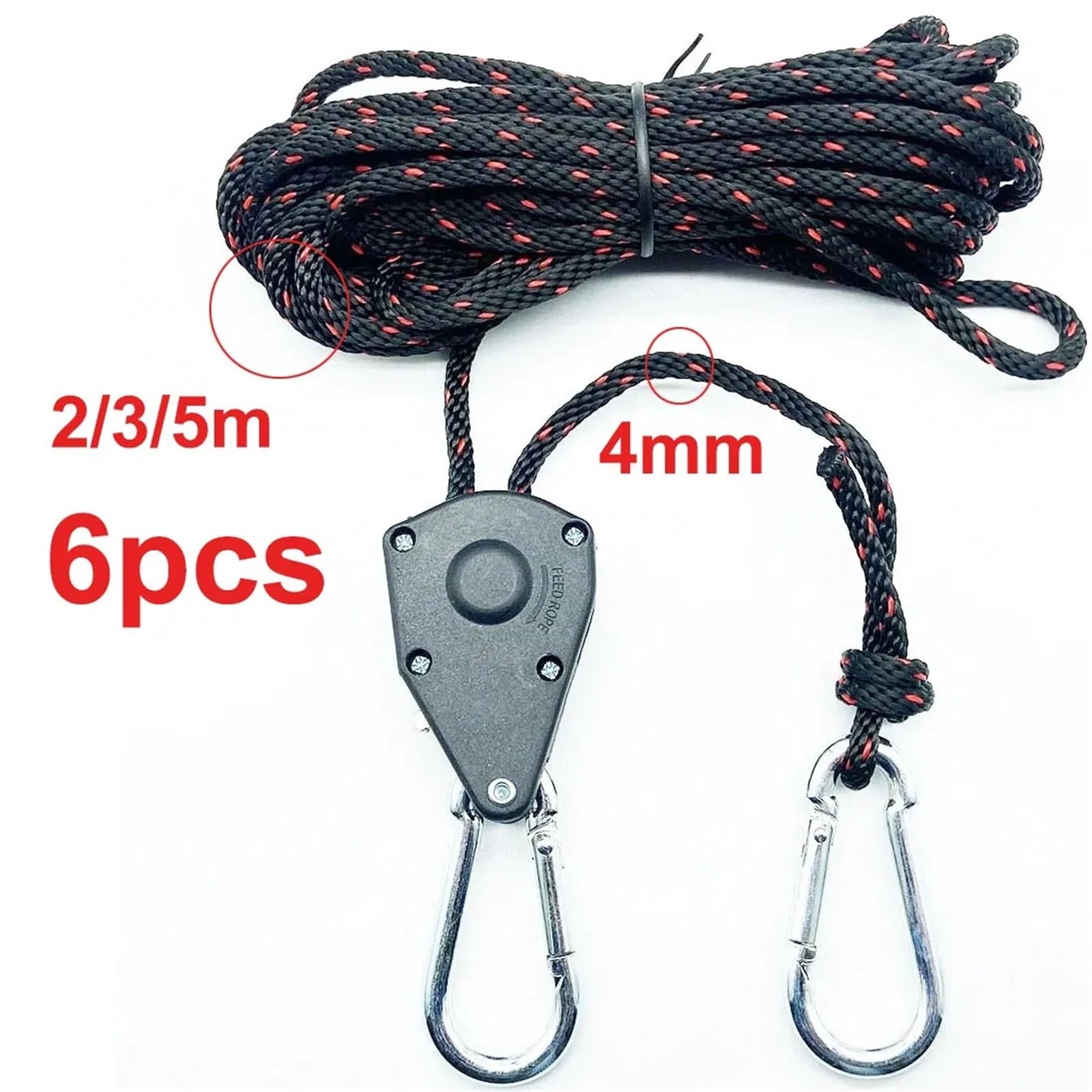 Tensor de cuerda de amarre para tienda de campamento, 6 piezas, fijación de cuerda de viento, hebilla de polea, perchas de trinquete, gancho de cuerda de toldo (2 m 6 piezas)