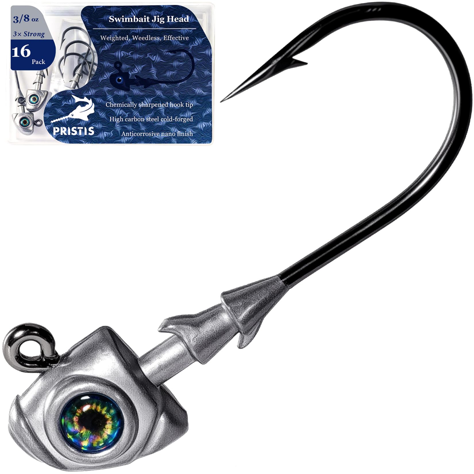 Pristis 16 Pack Swimbait Jig Head, Weedless Fish Eye Lead Jig Bait for Texas Ned Fitness Rigs, 3X Strong Saltwater Weighted Stainless Steel Sharp Fishing Barbed Hook Kit for Bass Trout