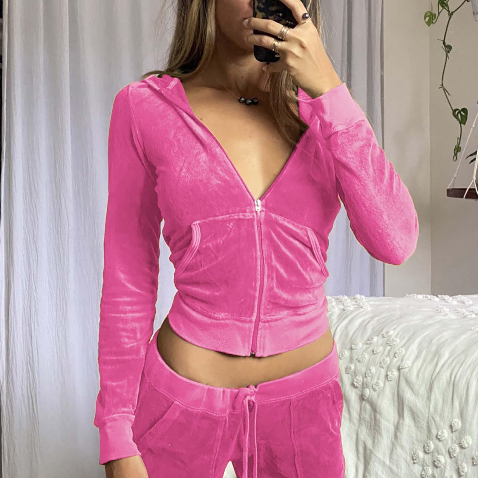 Survêtement 2 pièces en velours pour femme - Manches longues - Fermeture éclair - Veste à capuche - Pantalon large - Style décontracté Y 2k - Pour femme