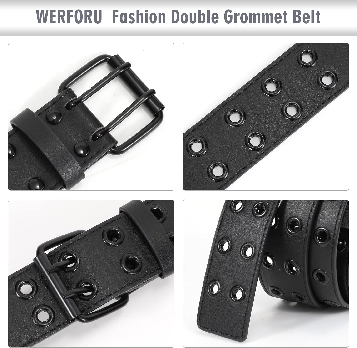 WERFORU Double Grommet Belt PU Leather Punk Belt for Women Men Jeans 2 Hole Belts 1.5 Wide - Image 2