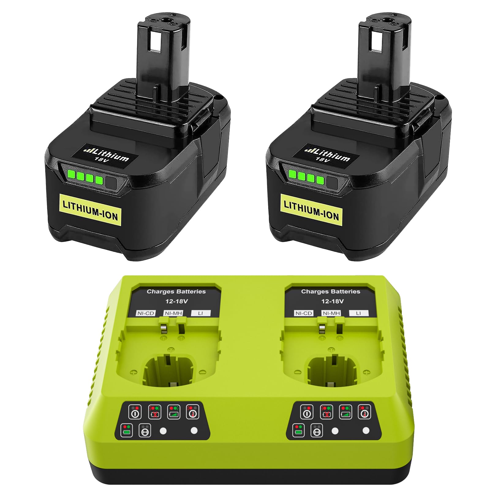 BATTOOL Ersatzakku für Ryobi Akku 18V One+: 2X 5500mAh P108 Akku und 1x Dual Port Ladegerät Kompatibel mit Ryobi P108 RB18L50 RB18L40 P189 P102 P107 RB18L25 RB18L20 RB18L13 RB18L15