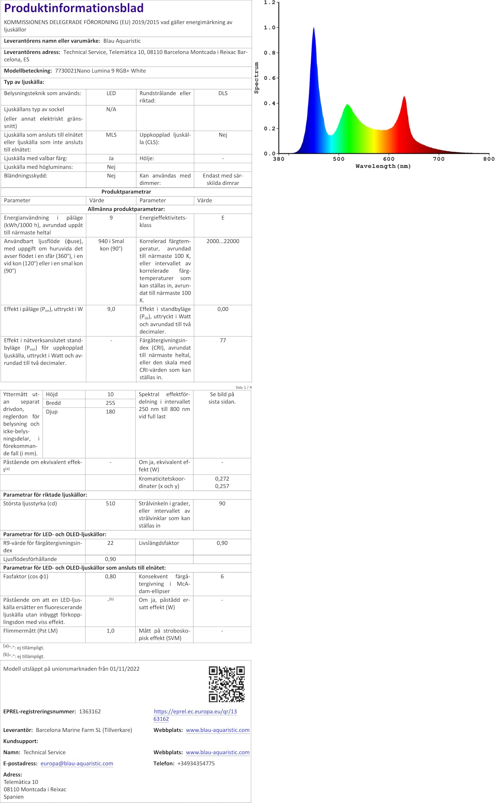 Blau Aquaristic Nano Lumina 9 RGB+ W Blanc