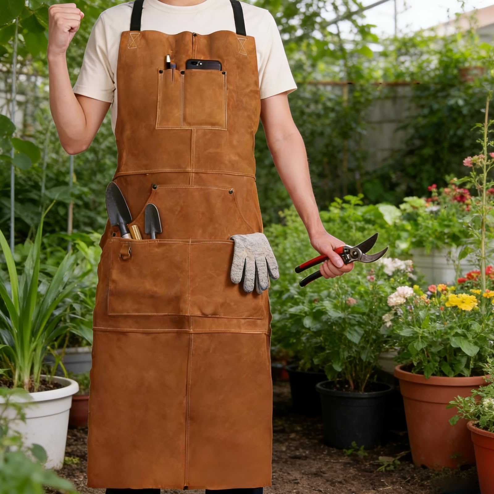 Grembiule da Saldatura Lungo 98cm - Pelle Scamosciata Doppia Faccia con 6 Tasche per Attrezzi, Resistente al Calore per Officina, Fucina, Giardino & Grigliata - Uomini & Donne
