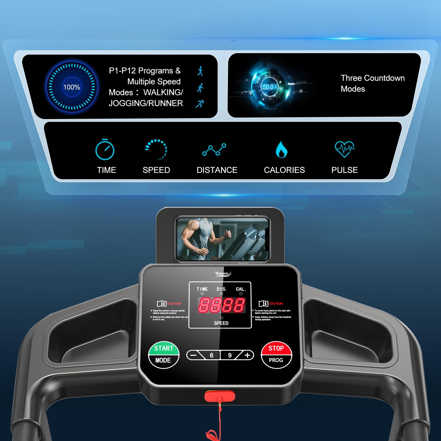 Novonova Tapis Roulant Elettrico, Tapirulan Pieghevole da Casa Motore2.0HP, Velocità Regolabile, DisplayLED, 12 Programmi, Tapis Roulant Elettrico inclinazione, Tapirulan Elettrico, Treadmill