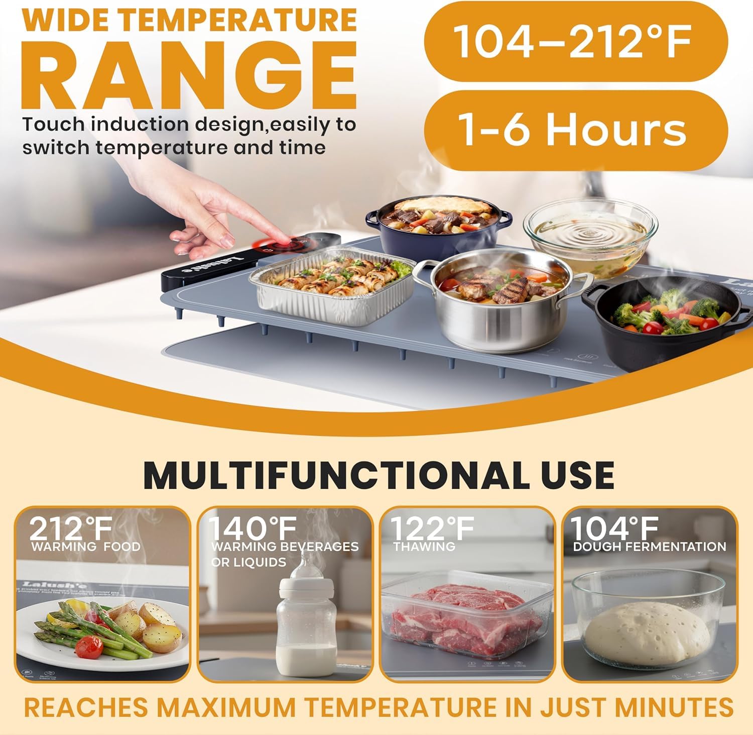 Lalush'e Electric Food Warming Mat, XXL 36 x 15 cm - Portable Food Warmer for Parties, Hosting & Buffet Serving Foldable Graphene Heating Tray with 7 Temp Settings, Spoon Rest and Travel Insulation