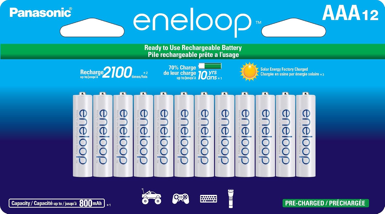Eneloop Panasonic BK-3MCCA8BA AA 2100 Cycle Ni-MH & BK-4MCCA8BA AAA 2100 Cycle Ni-MH Pre-Charged Rechargeable & NiMh Rechargeable Batteries, 12-Pack for Cameras, Digital Devices