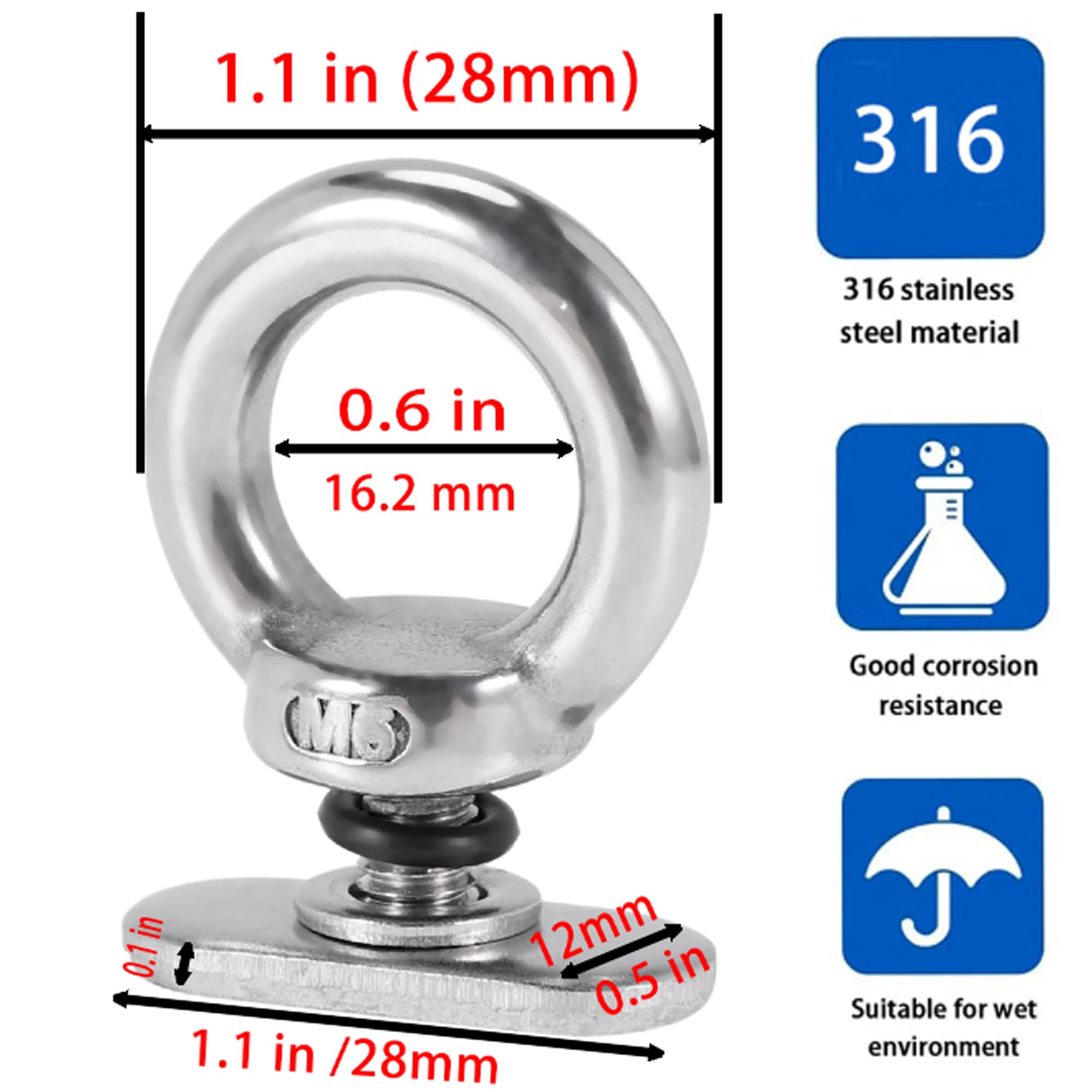 MX 8pcs Track Kayak Mount Tie Down Eyelets Rail 316 Stainless Steel,Eye Bolt Tie Down for Kayak Canoe Boat Bungee Cord Ropes Up to 0.6