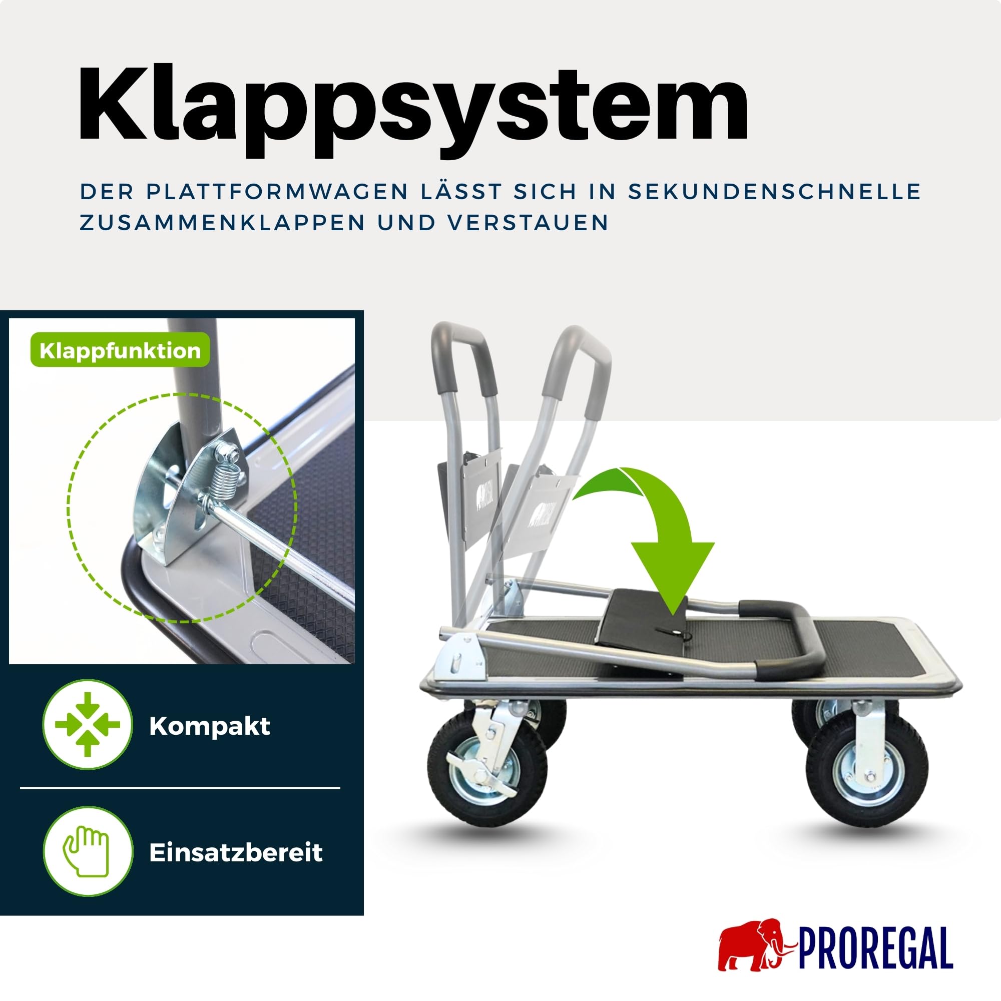 PROREGAL Carrello professionale BIG RHINO 300 kg pieghevole con pneumatici, ruote girevoli a 360° e ruote fisse con freno di stazionamento, borsa portautensili e 6 occhielli di sicurezza