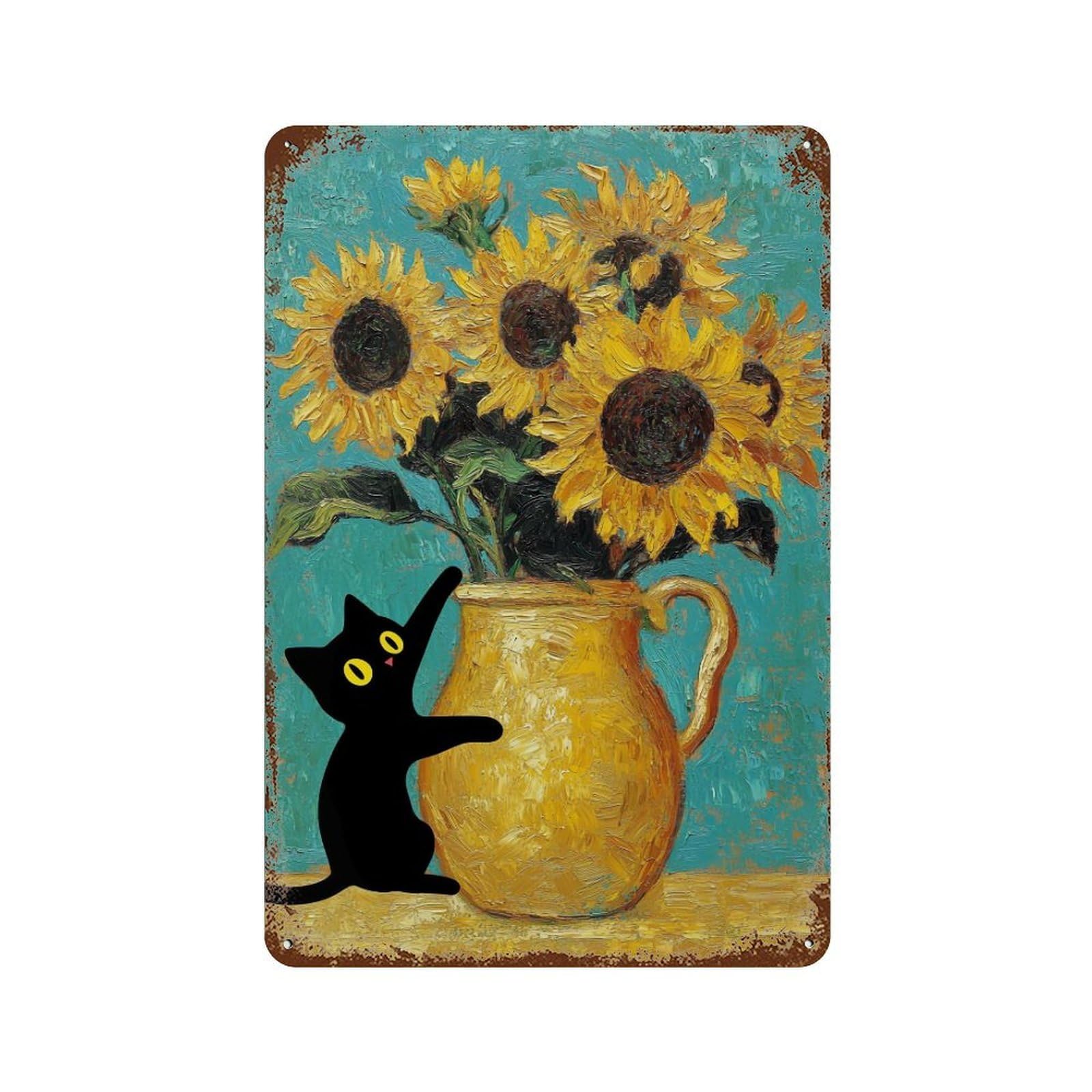 YHGERTKU Cat & Van Gogh Sunflowers 02 Wall Art Retro Iron Vintage Metal Tin Sign Poster Modern Decor for Living Rooms Gift 30x20cm