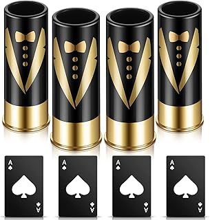 Groomsmen Tuxedo 12 Gauge Glasses Set with Poker Bottle Cap Opener Credit Card Size Bottle Opener Groomsmen Gifts Glasses for Wedding, Proposal, Birthday, Bridal Supplies(8 Pieces)