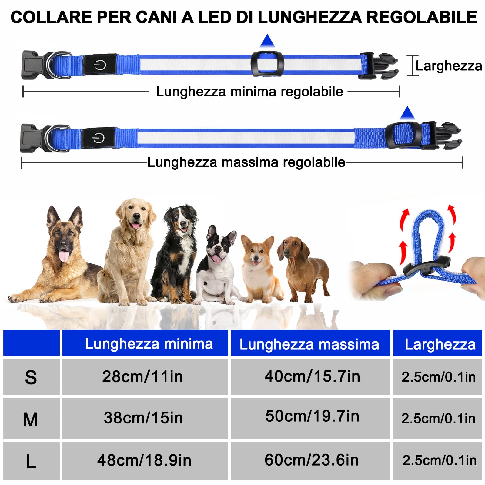 Nepfaivy Collare Luminoso per Cani Ricaricabile - Collare per Cani a Led con Lunghezza Regolabile, 3 Modalità di Illuminazione per la Sicurezza Notturna, Blu