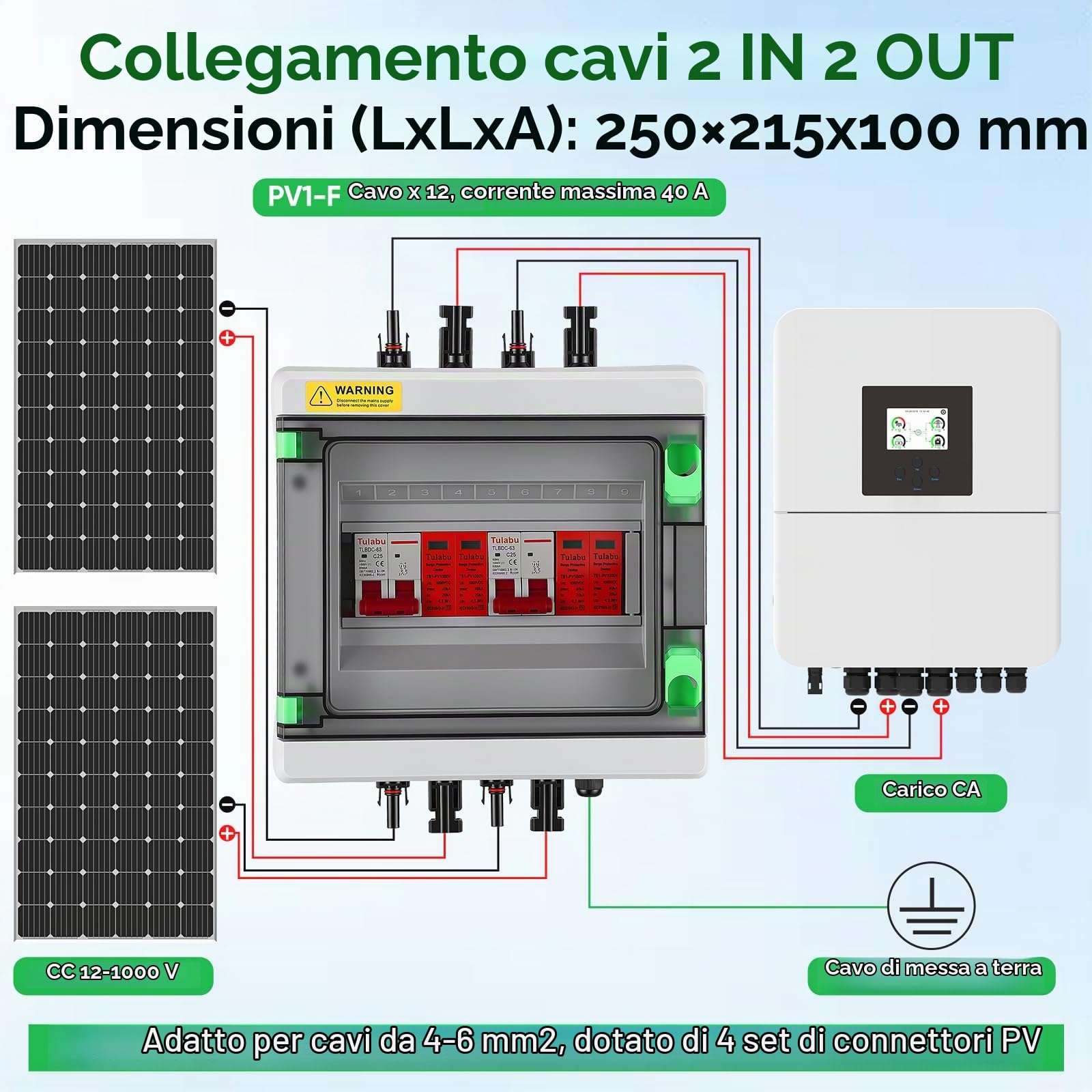 Quadro di Distribuzione, Protezione Sovratensioni DC 2-in-2 Out Sezionatore Fotovoltaico Cassetta Giunzione Solare per Impianti Fotovoltaici (2 Stringhe) 1000V DC 40A 20-40kA Quadro Connessione IP65