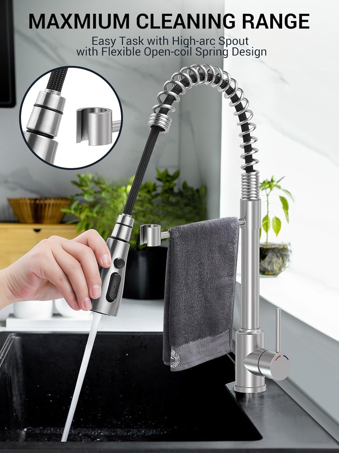 Mitigeur Cuisine avec Douchette Extractible, Robinet Évier Cuisine en Acier Inoxydable, Bec Pivotant 360°, 4 Modes de Jet, Arc Haut pour Évier de Cuisine 1 Trou