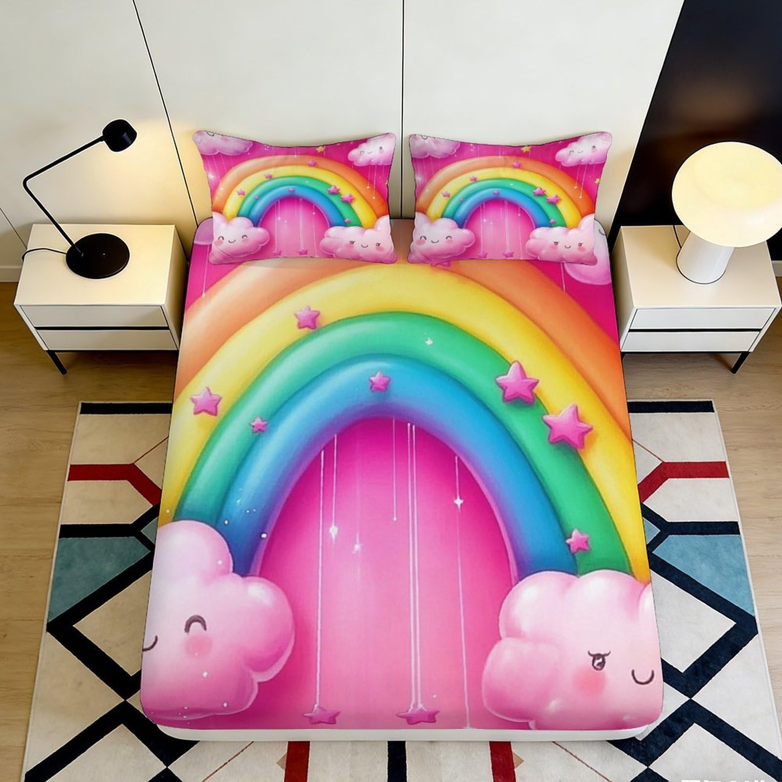 Pnayamiorkfel Style-3 3D Printed Rainbow Cloud Fitted Sheet Microfiber Colorful Star Bed Cover For Bedroom Guest Room Dorm Mattress Decor 90X200x25cm