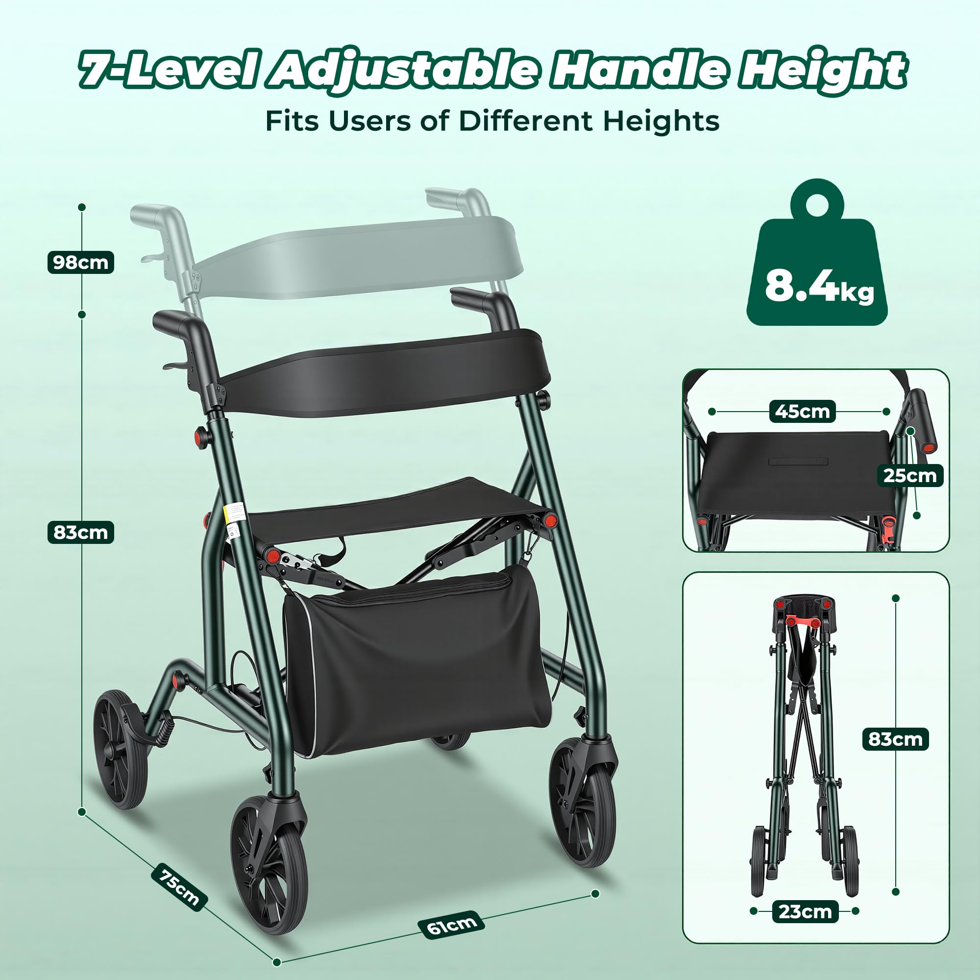 Careboda Andador plegable, ruedas 20cm, todoterreno, altura regulable | Perfil Estrecho para Interiores, Ruedas de 20 cm Todo Terreno, Mangos Regulables en Altura, Movilidad Reducida
