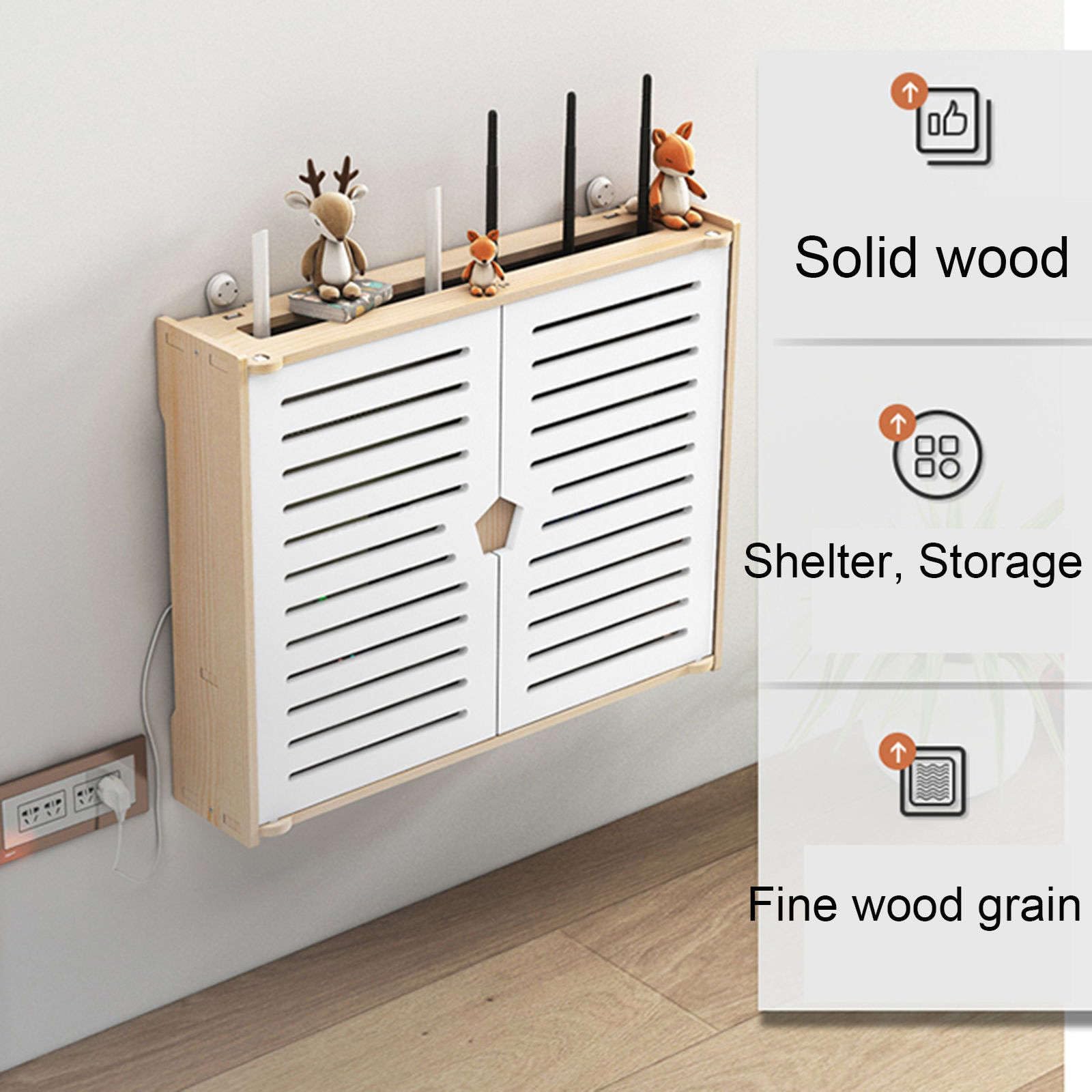 WiFi Router Aufbewahrungsbox mit Schranktür - Kabel organisieren & Steckdosenleiste verstecken - Holzregal für wandmontierte TV-Set-Top-Box - Kabelmanagement Hider Box
