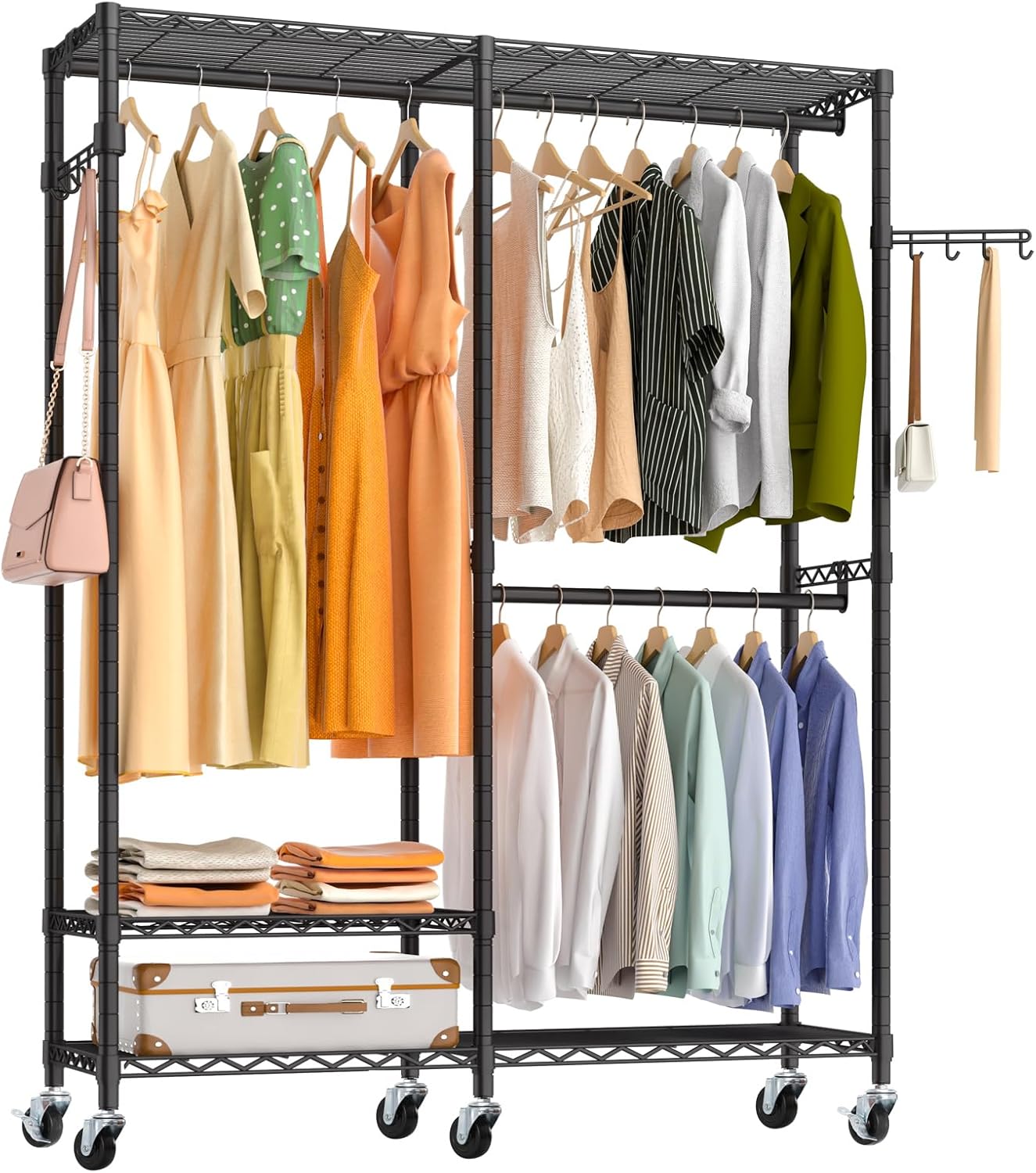 Heavy Duty Rolling Garment Rack, 3 Tiers Height Wire Adjustable Rolling Portable Freestanding Clothing Rack with Lockable Wheels, 44.7''L x 16.5''W x 78”H, Max Load 800LBS, Black