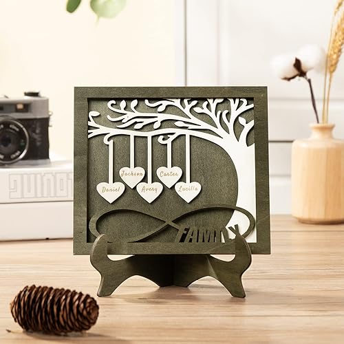 Vista 211 de Árbol genealógico con etiqueta de corazón, placas de madera grabadas personalizadas, regalos personalizados para madres, padres, escritorio, nombres