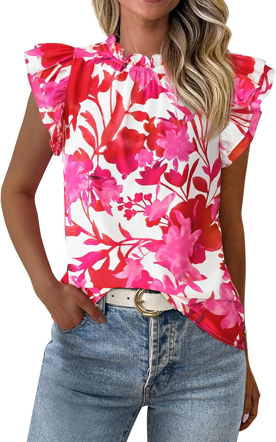 Floral trim ruffle sleeve chiffon blouse for trendy summer look.