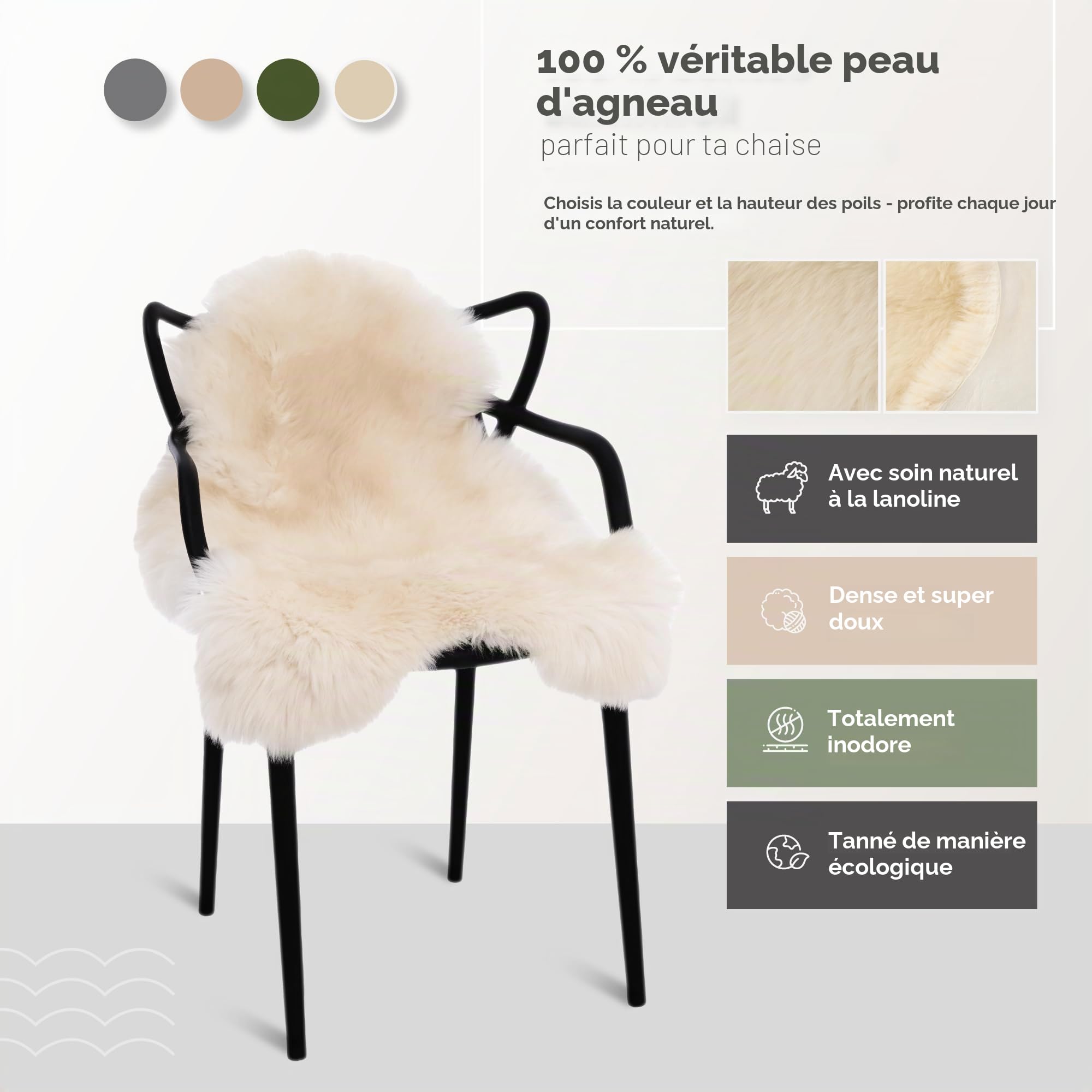 Peau de Mouton mérinos véritable de qualité supérieure Peau d'agneau véritable, Douce et Moelleuse, Fourrure pour chaises, Peau de (Blanc, 120 x 130 cm)