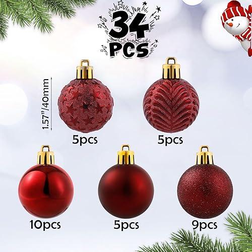 Miniatura 2 de 34ct Burgundy Mini Christmas Ball Ornaments Shatterproof Plastic Christmas Tree Decorations for Xmas Party Home Office Holiday Decor -Small