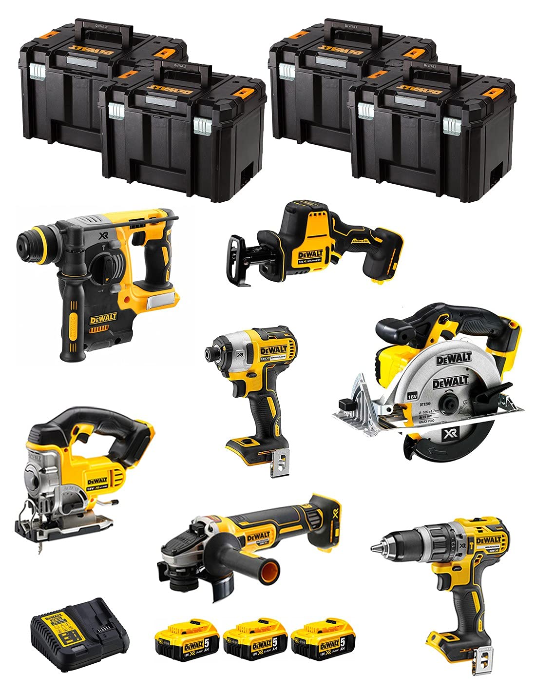 DeWALT Kit DWK702T (DCD796 + DCH273 + DCG405 + DCF887 + DCS331 + DCS391 + DCS369 + 3 Batteries de 5,0 Ah + Chargeur + 4 x TSTAK VI)