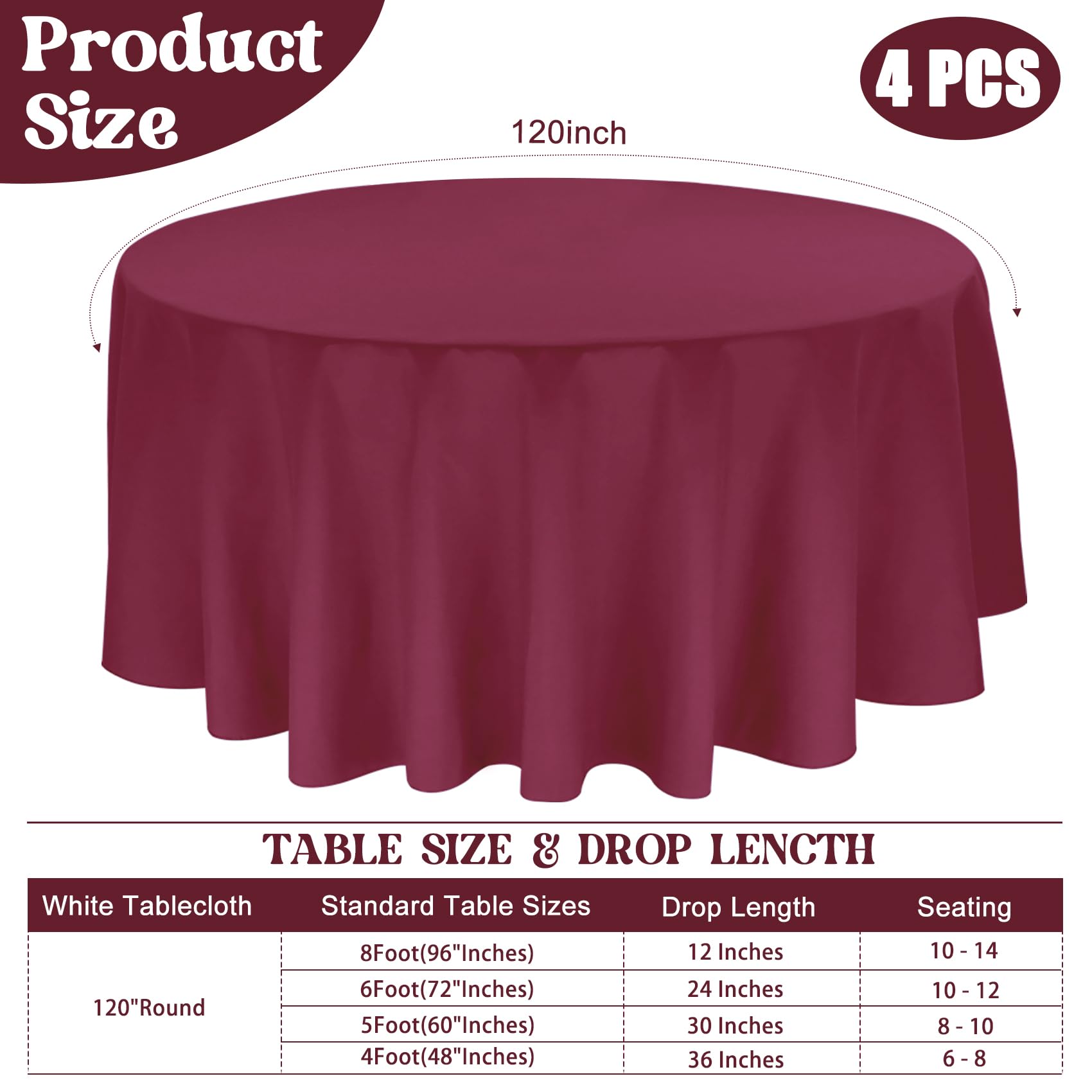 4 Pack Round Tablecloth 120 Inch Polyester Round Table Cloth Burgundy Tablecloths for Round Tables Washable Fabric Table Covers for Wedding Dining Table Buffet Parties Banquet Decorationï¼ˆBurgundyï¼‰