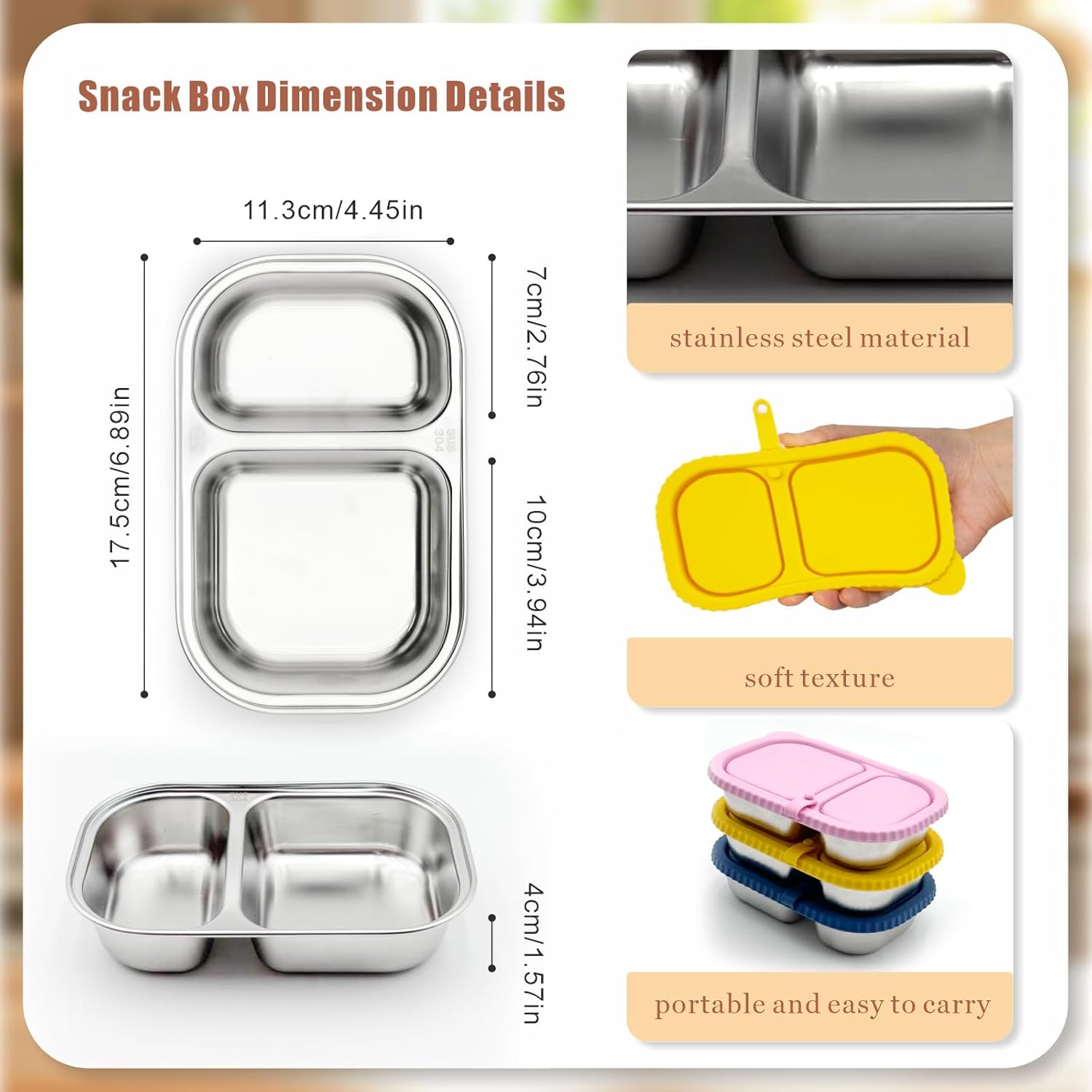 3 Pack Stainless Steel Snack Containers with Lids, Reusable Double Compartment Food Storage, Non Toxic Silicone Lids Lunch Box for Home, Travel, Outdoor and Camping - Image 5