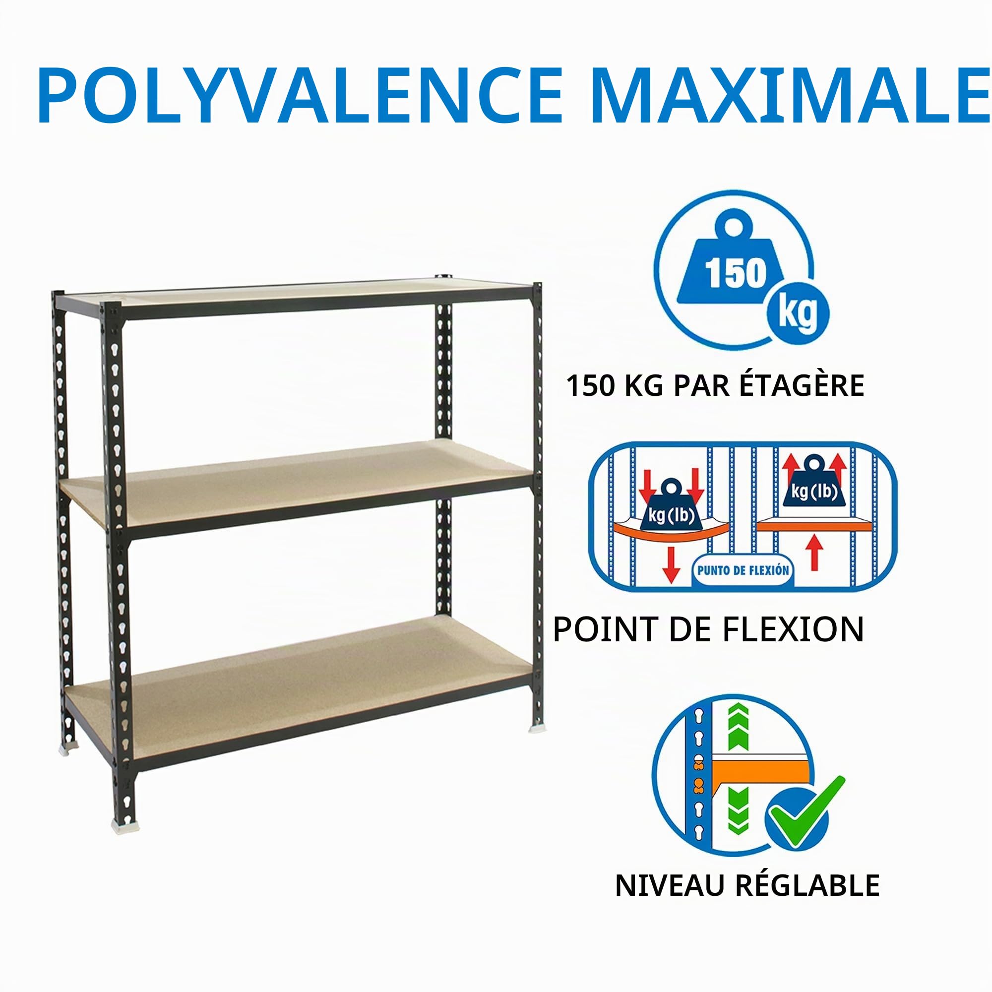 SimonRack Étagère Rangement et 3 Niveaux en Boix, 150 kg Capacité de Charge et Point de Flexion, 900x800x400 mm, Étagère Charge Lourde, Étagère Garage, Anthracite/Bois - Maderclick