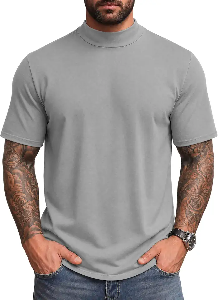 Vssjavun Men's Mock Turtleneck T Shirt Short Sleeve Solid Basic Tee Soft Casual Pullover Top
