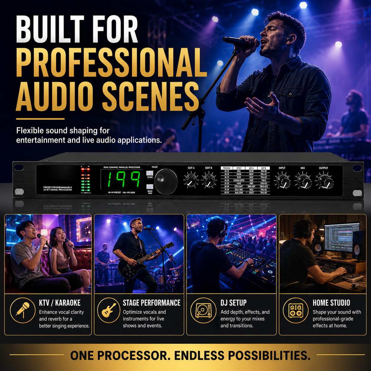 TsoLay Procesador Dsp Multiefectos De Reverberación Digital, Ecualizador De Audio Ktv con 99 Preajustes, 199 Efectos De Sonido, Procesamiento De Señal De 24 bits Y Reducción Automática De Ruido