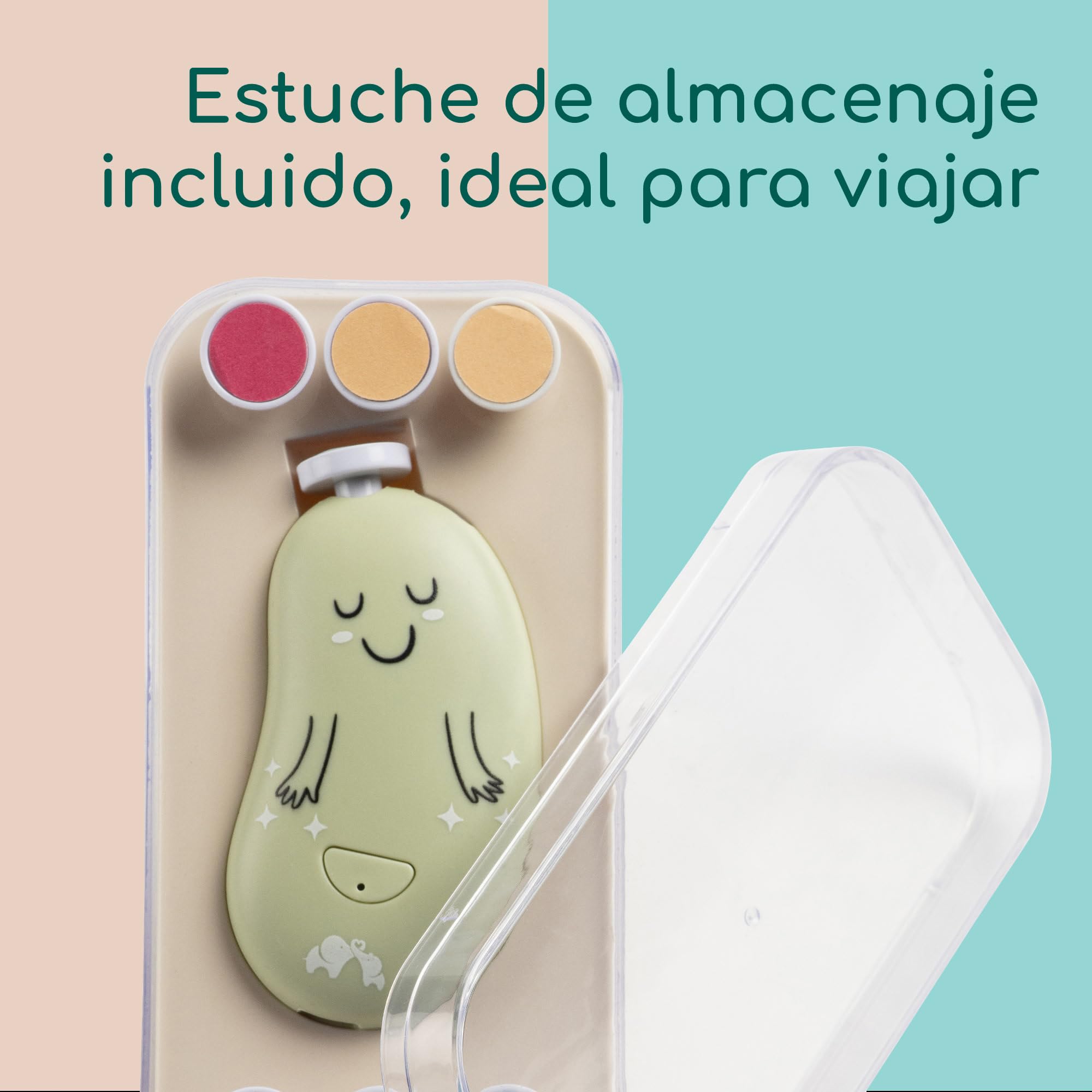 Bebeconfort Lima Electrica Uñas Bebe, Desde el Nacimiento, Para Bebés y Niños Pequeños, 7 Limas Para Uñas con Diferentes Texturas, Carga USB-C, 3 Velocidades, Luz LED, Funda de Almacenamiento, Verde