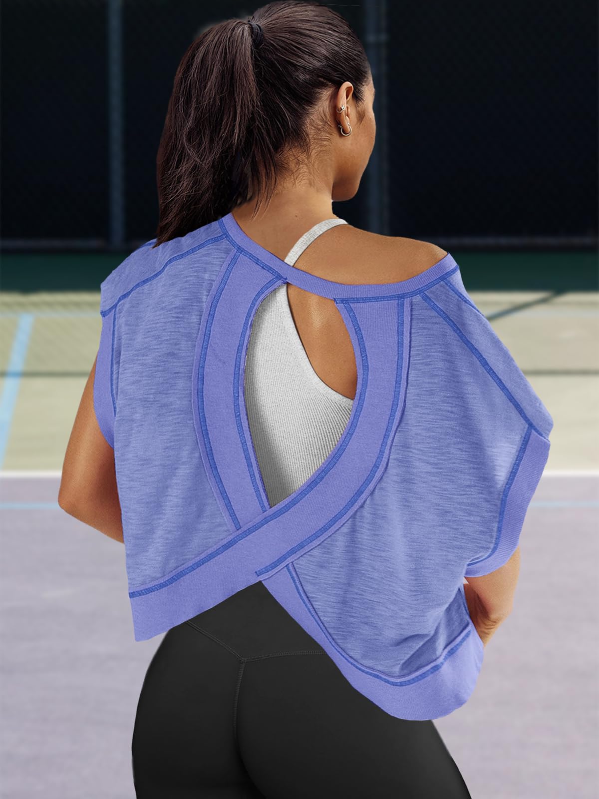Panadila Haut d'entraînement surdimensionné à dos ouvert pour femme, dos nu, t-shirt athlétique à manches courtes pour bébé