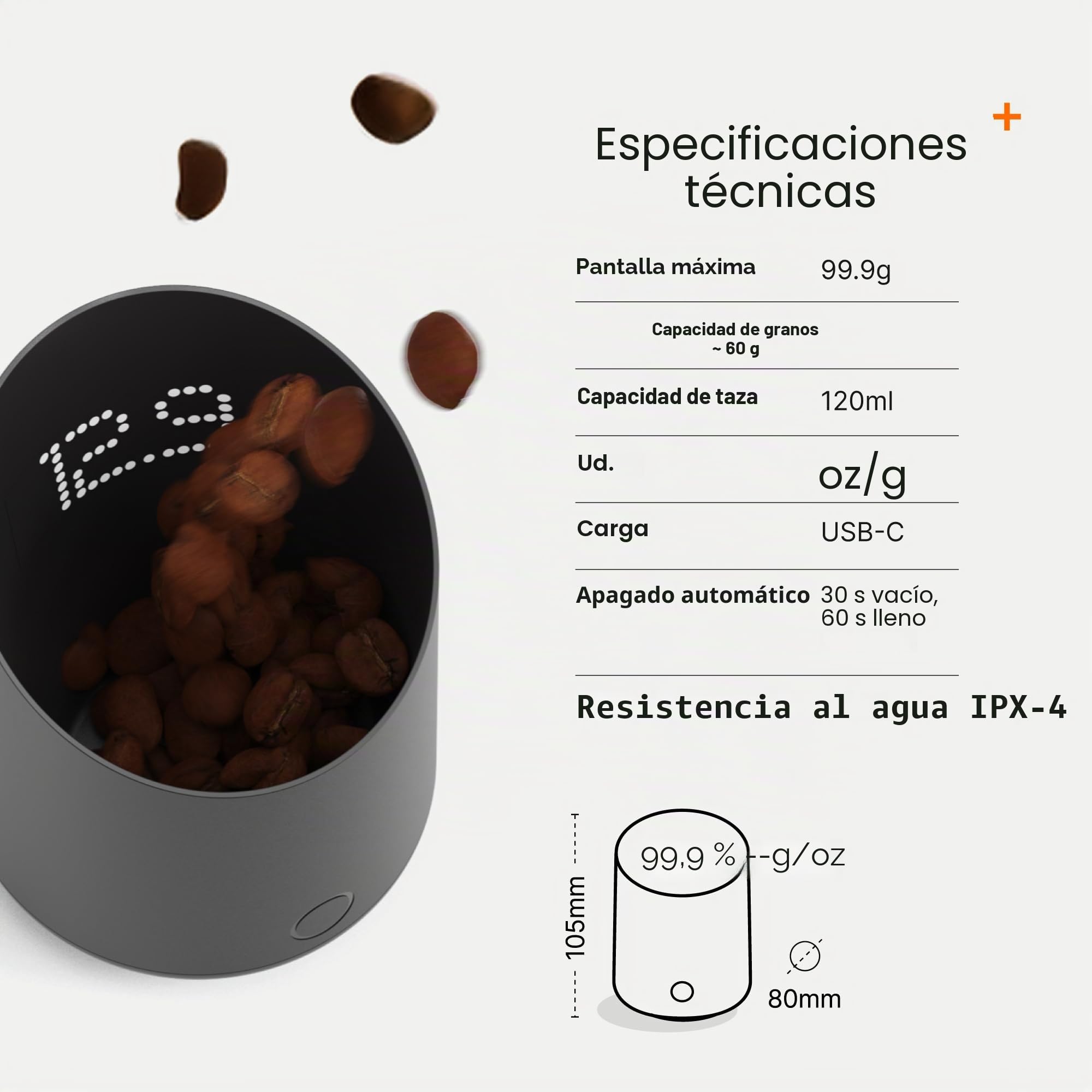 Subminimal Subscale| Taza dosificadora digital de café, pantalla LED invisible, activada por tacto, báscula de pesaje precisa de granos de café en gramos u onzas, recargable por USB-C, IPX4 resistente