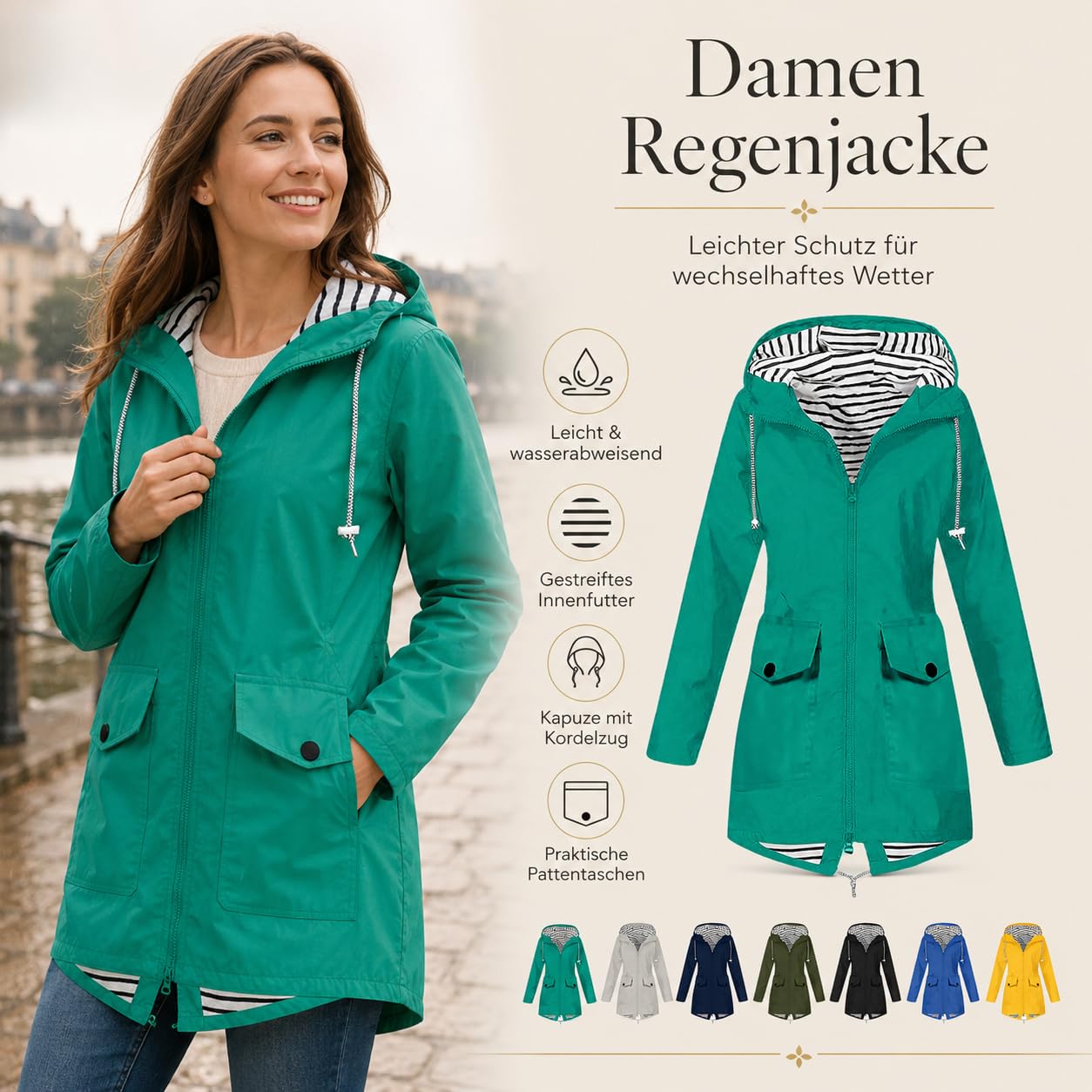 Regenjacke Damen - Wasserdicht Kapuzenjacke Frauen Leichte Jacke mit Kapuze Taschen Outdoorjacke Windbreaker Übergangsmantel Funktionsjacke Übergangsjacke für Alltag Reisen Wandern Trekking