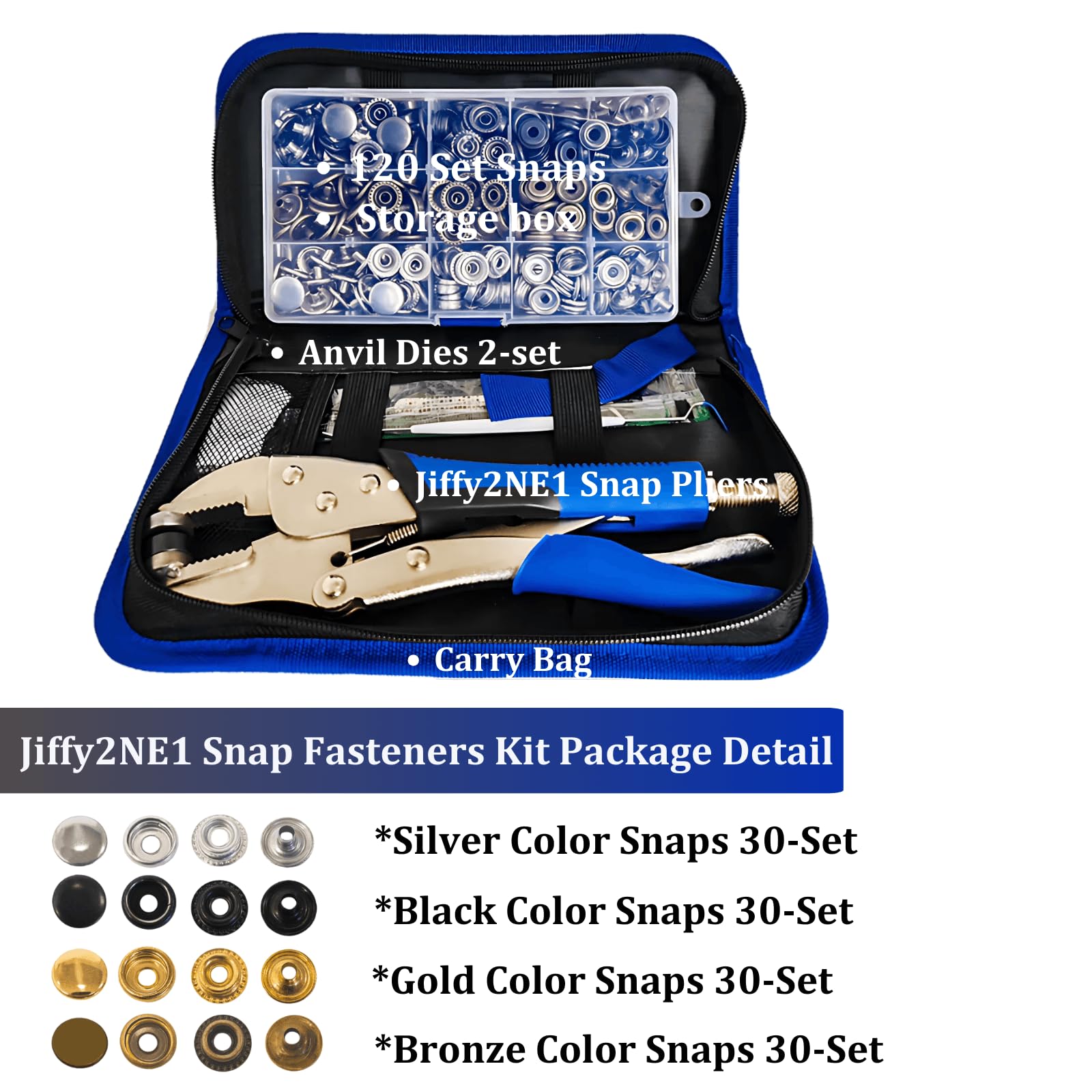 Jiffy2NE1 Juego de herramientas de botones a presión de metal con alicates de cierre, botón de presión de 4 colores de 15 mm para tela, cuero, ropa, lienzo, juego de 120 broches de acero inoxidable y