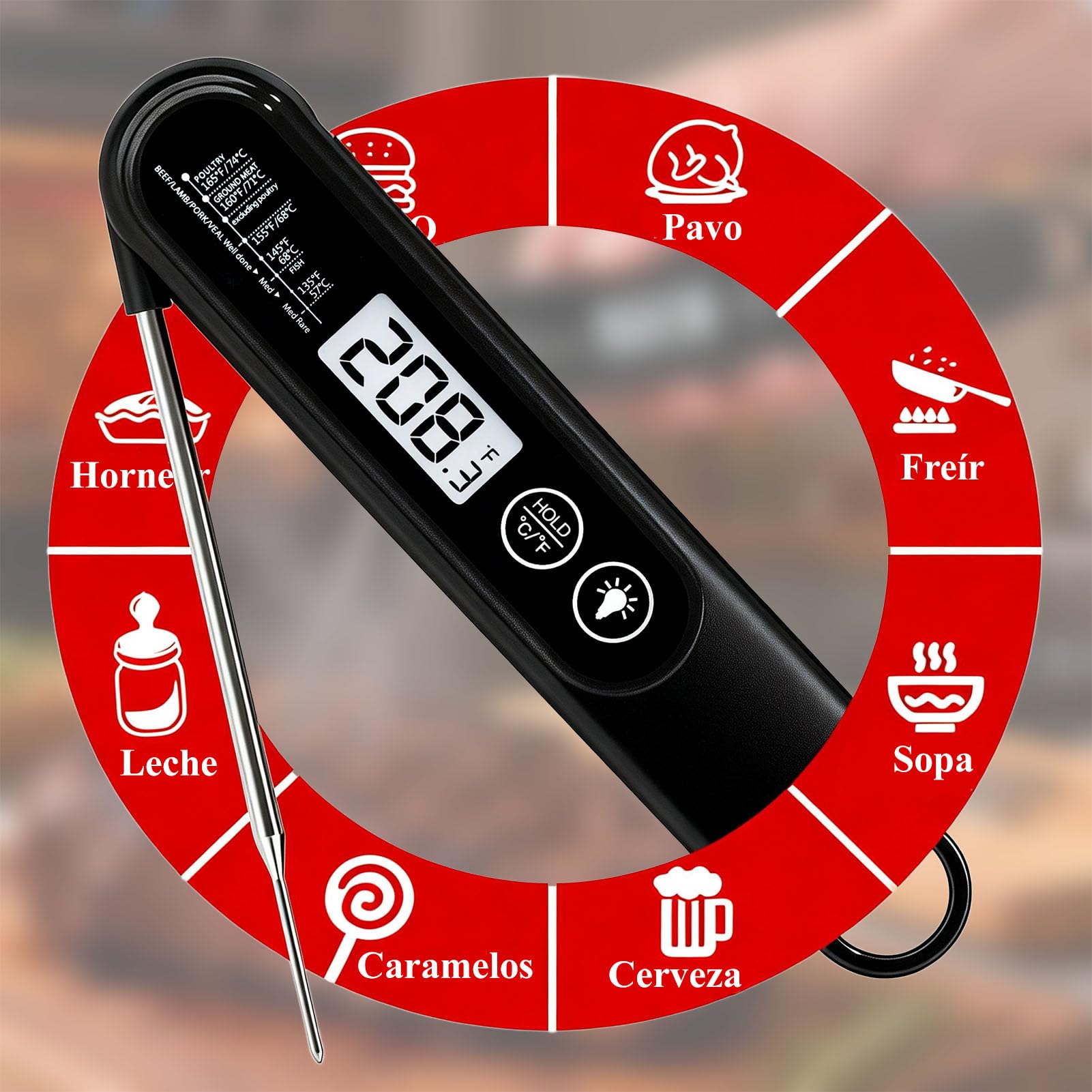 Charmline Termómetro de alta precisión para cocinar, precisión de ± 1 °C, termómetro para carne, hornear y asar, pantalla LCD de alta resolución con retroiluminación