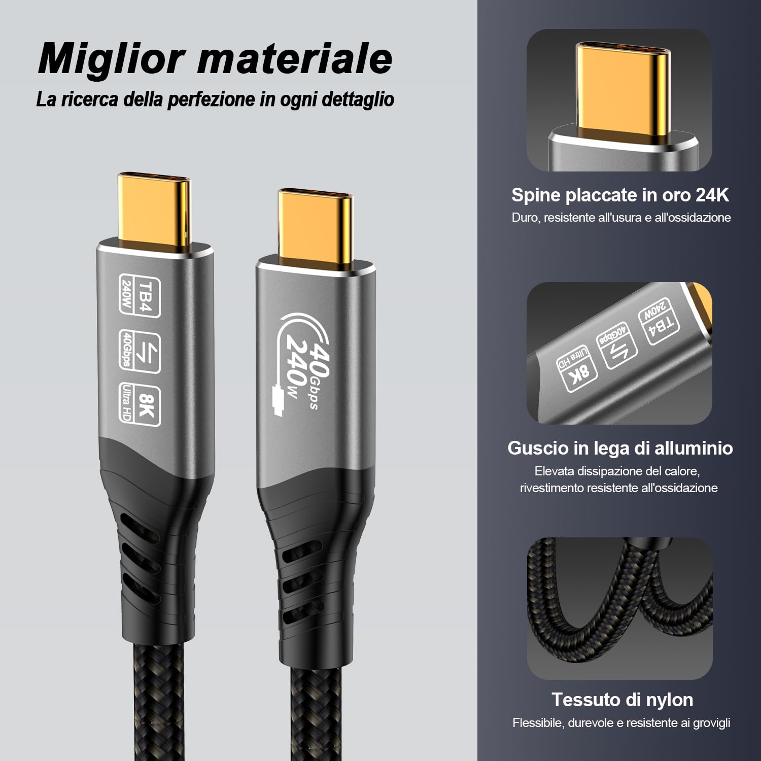 USB 4 Cavo Thunderbolt 3 metri, USB Type-c 40Gbps PD3.1 240W 48V/5A, 4K@144Hz 8K@60Hz Cavo Thunderbolt 4 per Thunderbolt 5, Thunderbolt 3, eGPU, MacBook, SSD, Switch, Mac mini, Monitor, VR