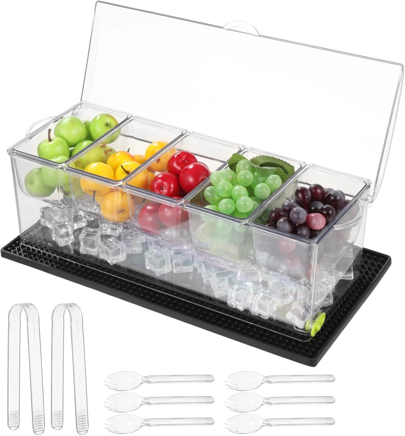 Chilled Condiment Server with Lid, 5-Compartment Plastic Food Storage Container with Drain Holes, Ice Box for Fruits with Cup Coaster, 2 Clips & 6 Fork Spoons, 16.1 x 6.4 x 5.7 in, Transparent