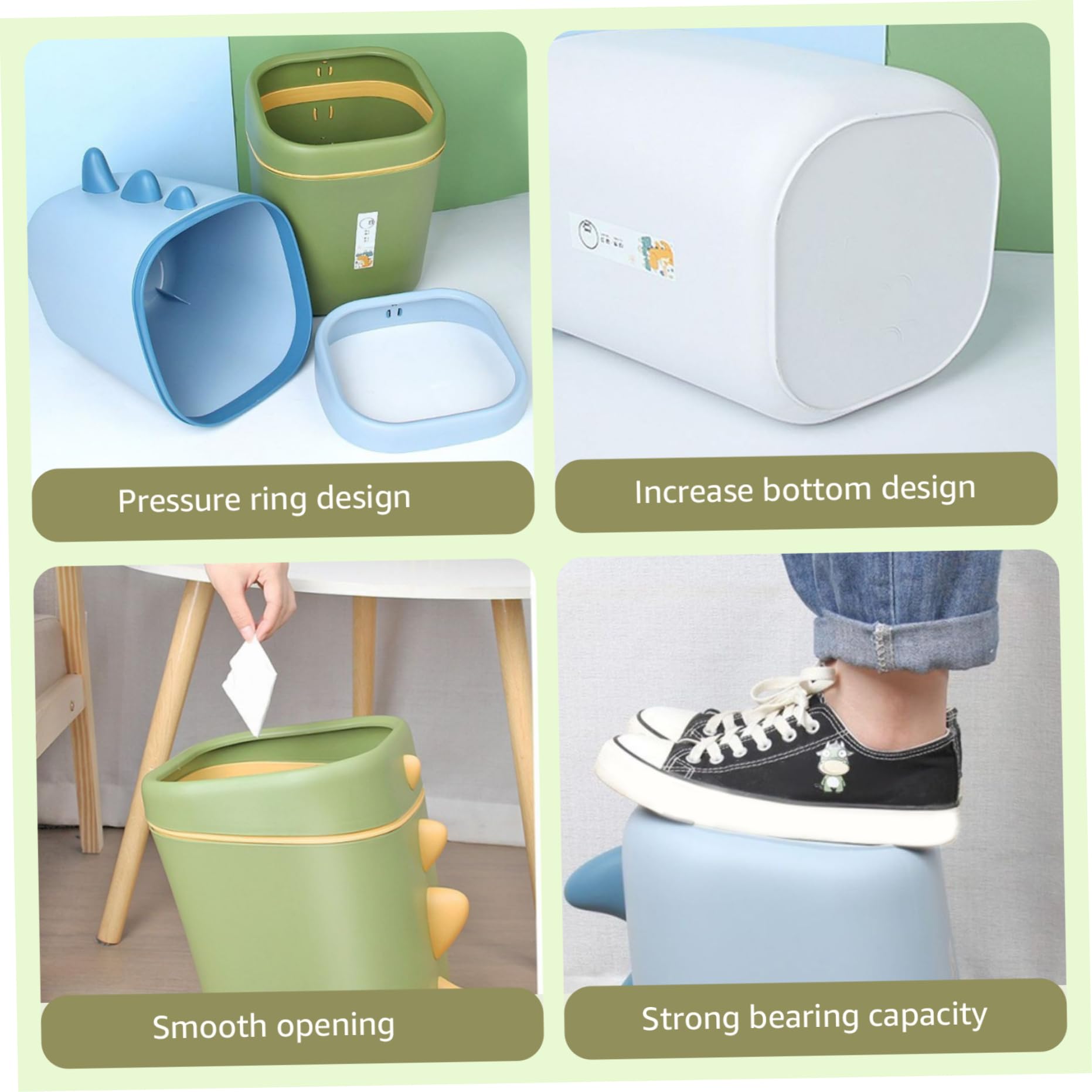 Dinosaurier-Mülleimer mit Pressring, verdickter Kinder-Mülleimer, 34,3 x 20,1 cm, grüner Mülleimer, breite Öffnung, Kinderzimmer-Mülleimer für Badezimmer, Küche, Schlafzimmer, Kinderzimmer-Mülleimer,