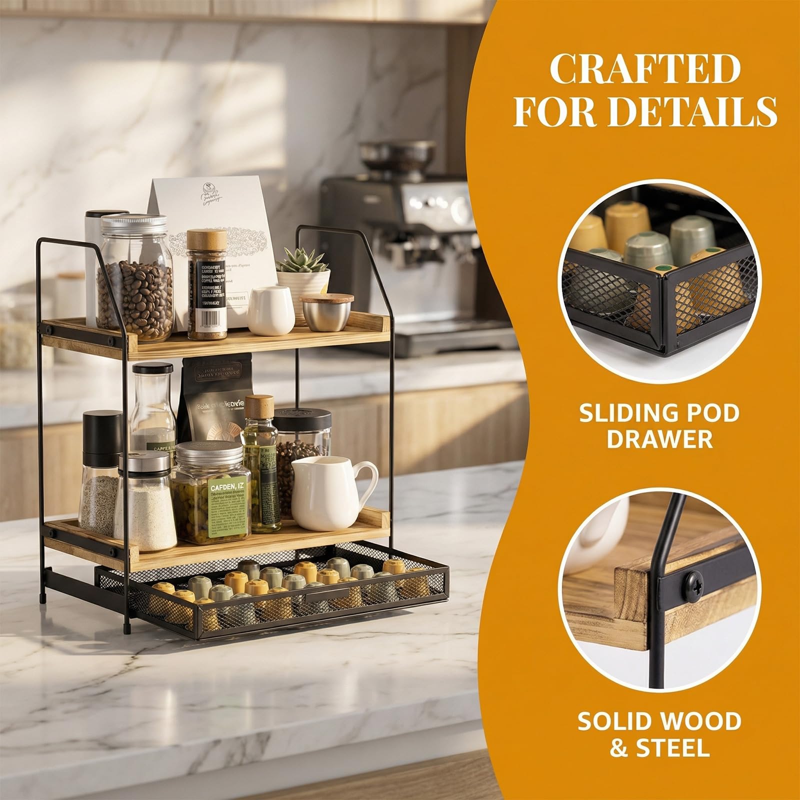 Organizador de estación de café para encimera, organizador de accesorios de barra de café de madera de 2 niveles con caja de almacenamiento, estante grande de encimera de cocina para jarabe de café