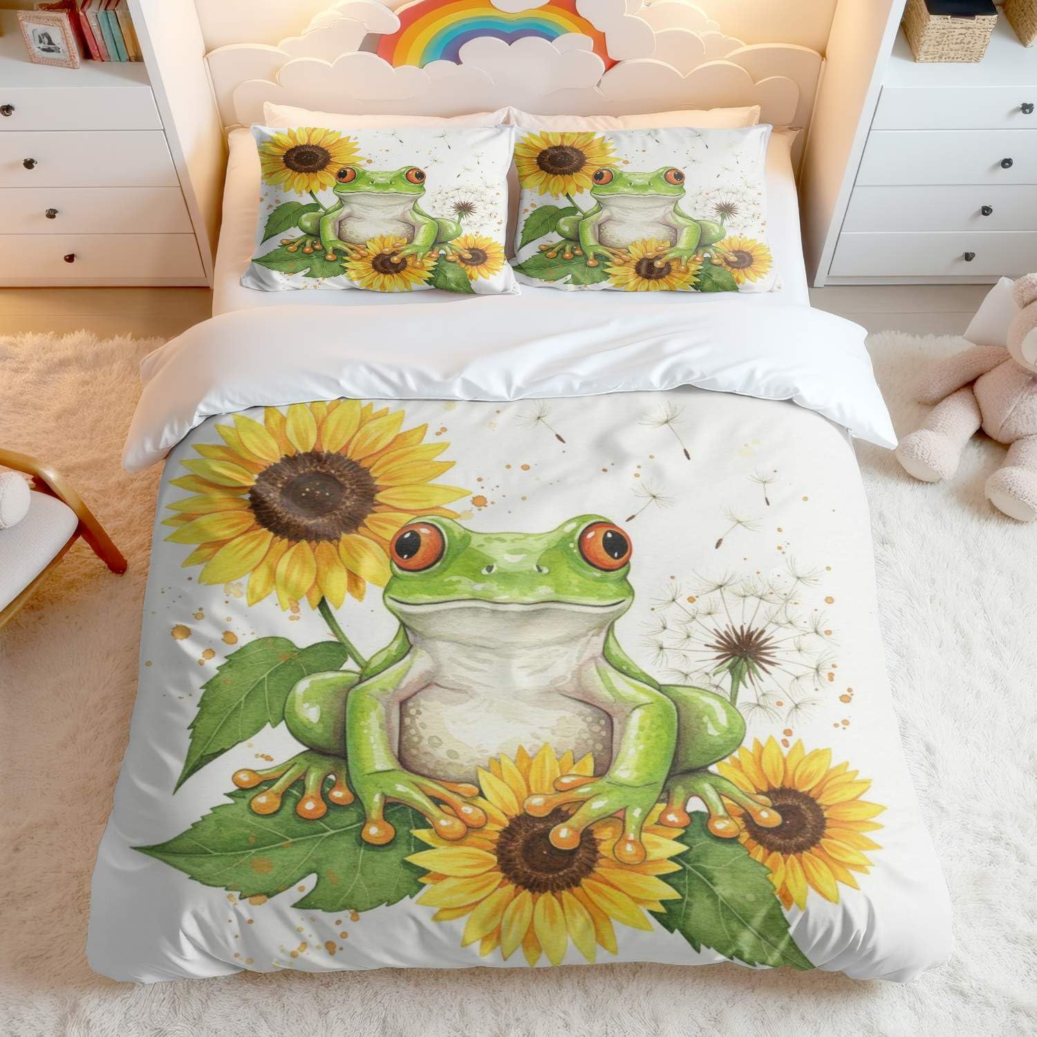Parure de lit enfant double tournesol et grenouille aquarelle