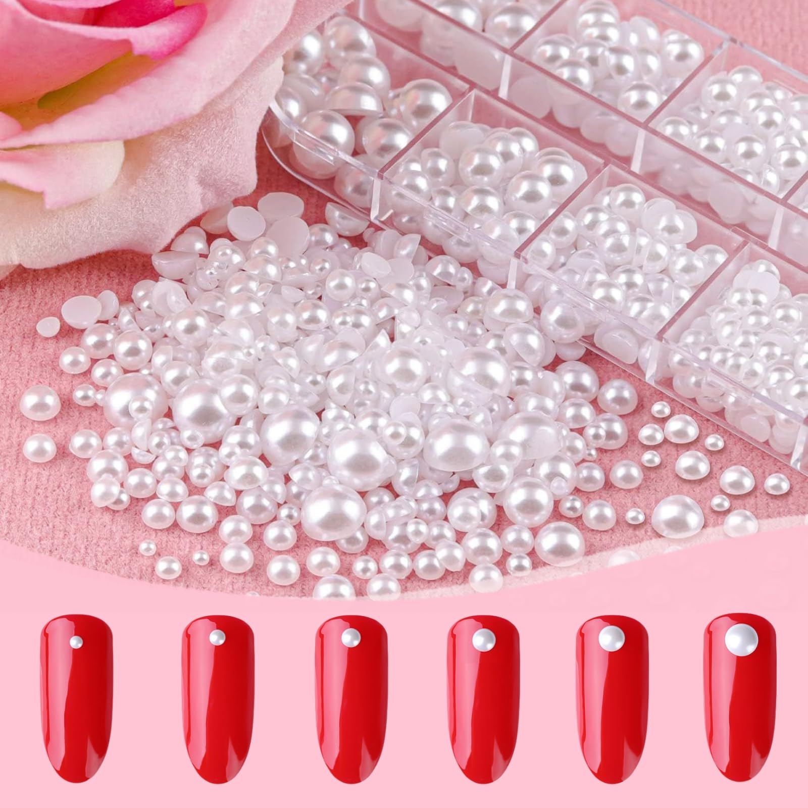 12 Tailles Perles Nail Art, Perles Plates, 2 Boîtes Perles Ongles Demi-Rondes, Deco Ongle Nail Art et Bijoux Ongles Nail Art pour Design Nail Art, DIY (2 Boîtes)