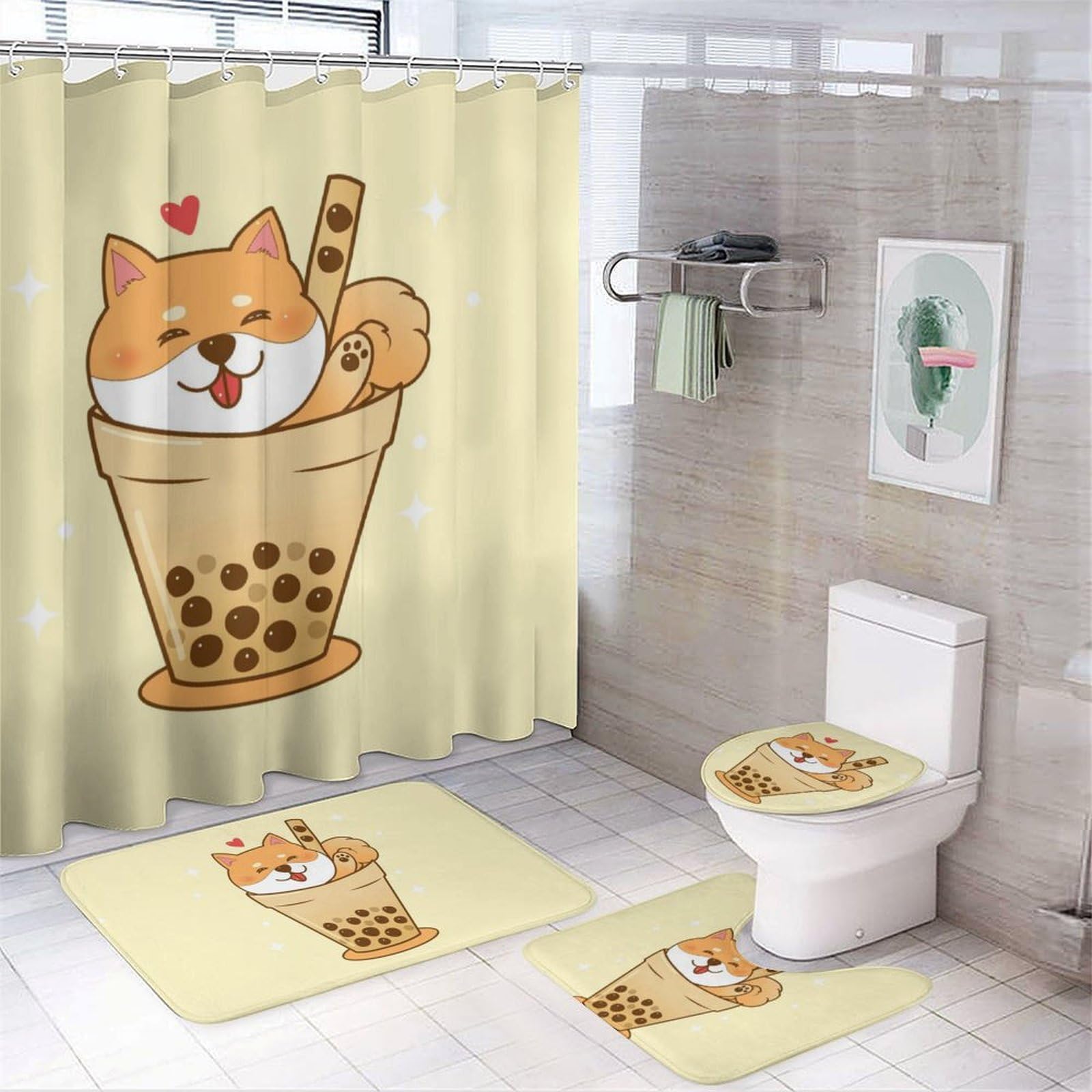 JZemdybill Bathroom Mat Set 4 Piece, Cute Shiba Inu Shower Curtain with Non-Slip Bath Mats for Bathroom