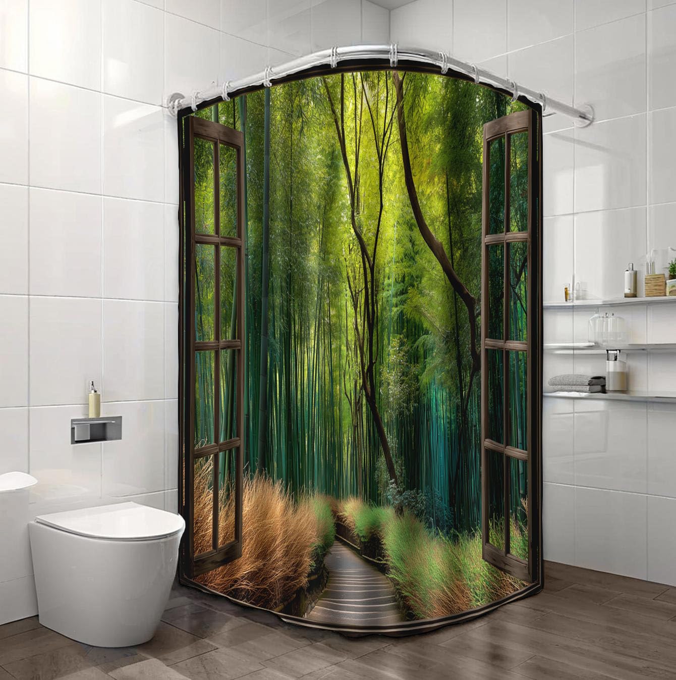 Cortina De Ducha 240x200cm, Poliéster Cortina Bañera Ventanas Madera Bosque Bambú Camino, Lavable Cortinas De Baño con 12 Ganchos, Bosque Denso Impermeable Secado Rápido, Ducha Y Bañera