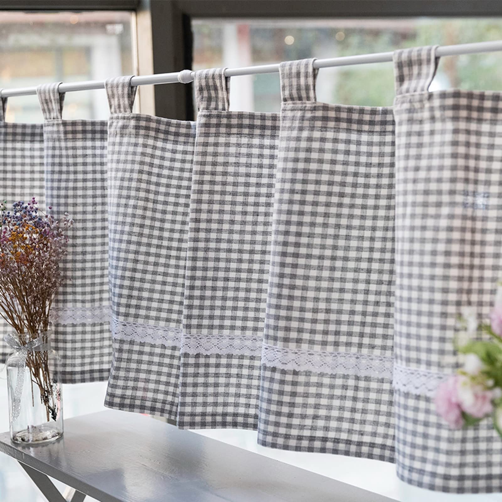 A.Monamour Gardine Scheibengardinen Kurzstores Tab-Top Grau Kariert Baumwolle Leinen Blickdicht Mit Spitze Kurzvorhang Kurzgardinen Küchengardine Küche Vorhang Fenster Kurz Stores Bistrogardine