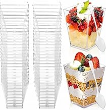 Dessert Cups 150ML/5OZ Reusable Clear Square Dessert Bowls Serving Bowls 50Pcs PP Cheesecake Pots with 50 Spoons, Appetizer Cup for Puddings Mousses Parfaits Trifles Tiramisu Party Birthday