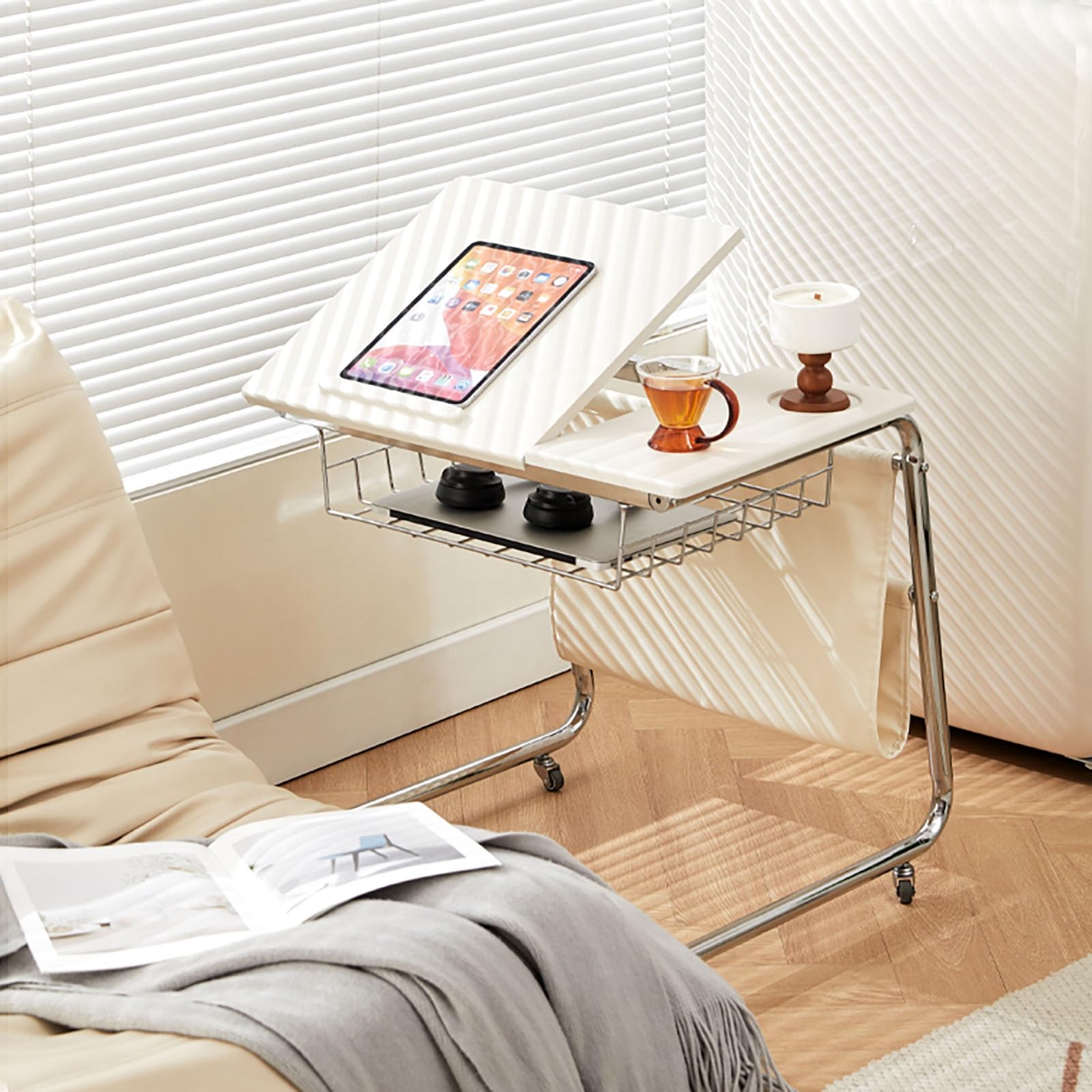 SXZenSpace Adjustable C-Shaped Side Table with Wheels - Mobile Snack Table, Wood End for Sofa, Nightstand, Small Living Room, Bedroom, Office (Beige)